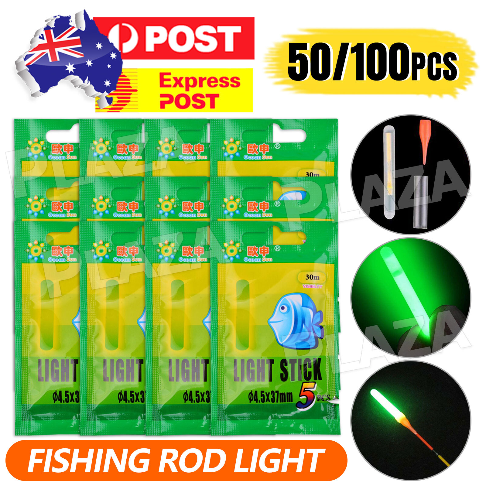 100 Fishing Glow Sticks Luminous Clip on Rod Tip 4.5x37MM Green Plastic Tackle