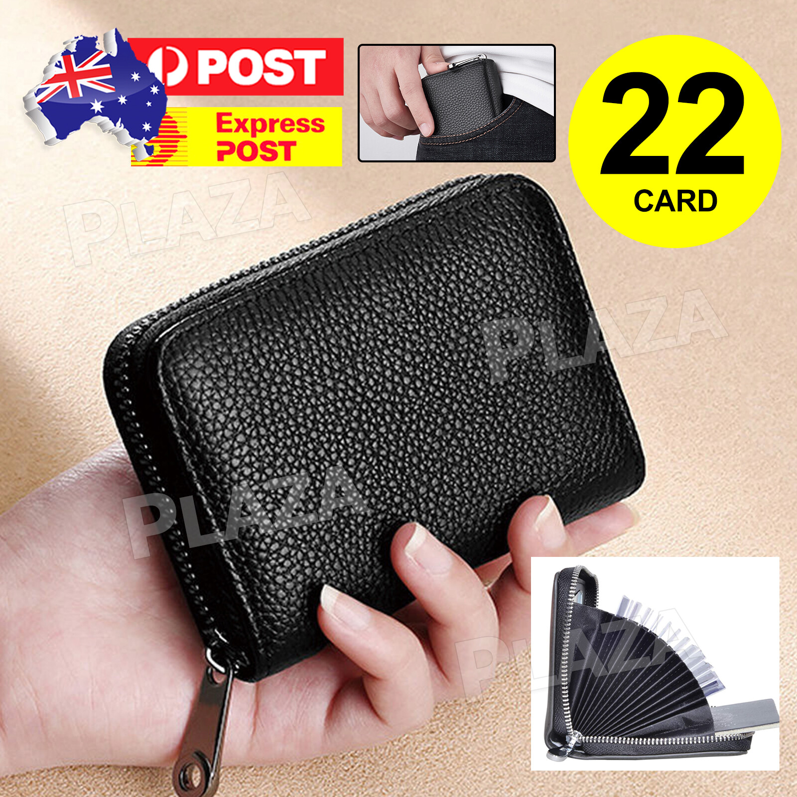 Mini RFID Blocking 22 Card Holder Zipper Wallet PU Leather Black Slim 20 Slots