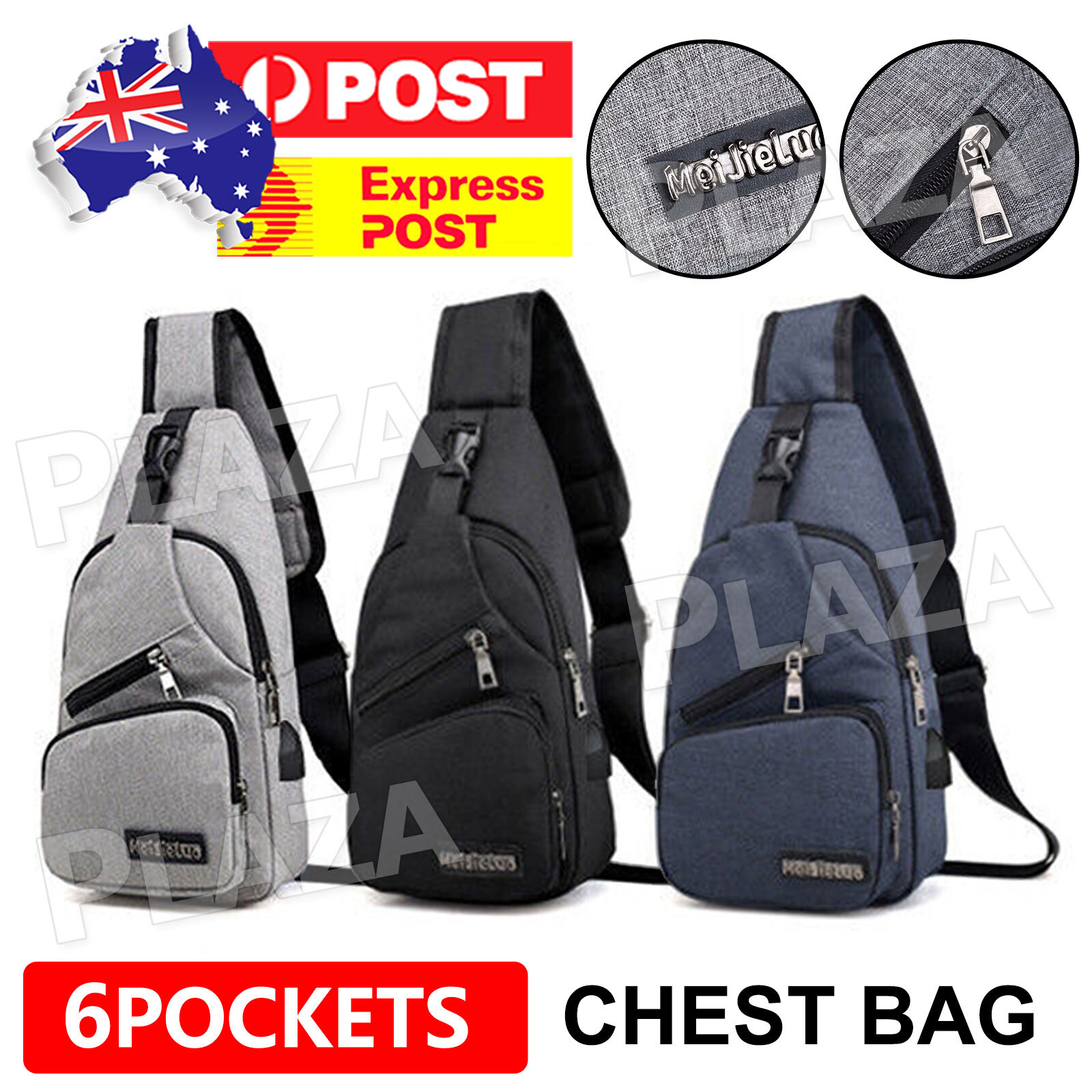 Mens Canvas Chest Bag USB Charging Interface Anti-Theft Adjustable Strap Black