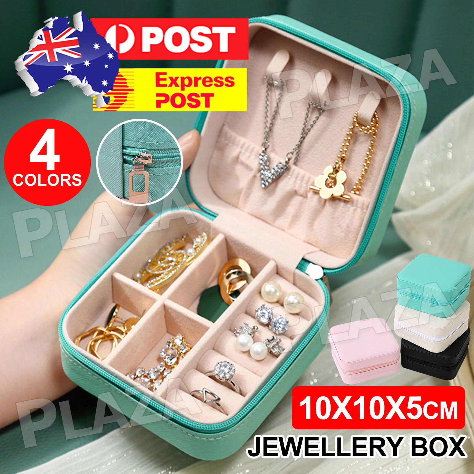 Jewellery Box Organizer Travel 10x10x5CM PU Beaded Velvet Black Ring Earring