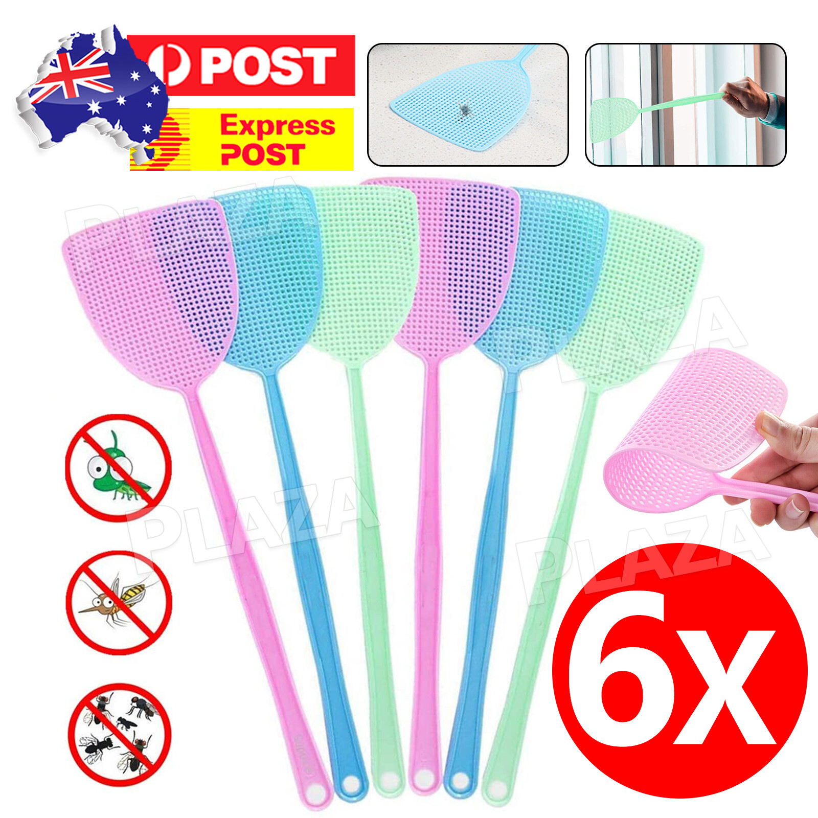 6 Pcs Plastic Fly Swatter Manual Long Handle Indoor & Outdoor Assorted 44.5 12CM