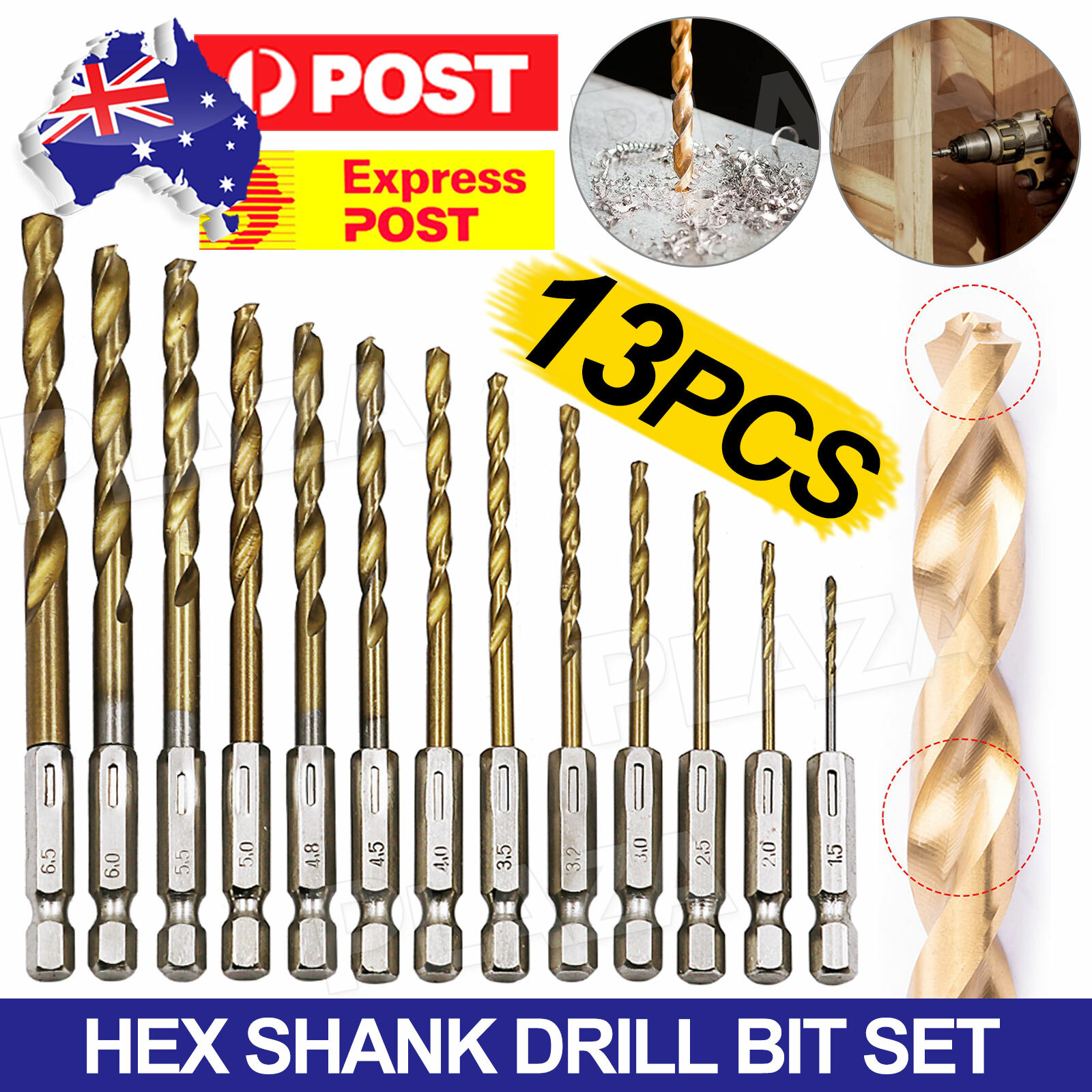 13 PCS Quick Change HSS Titanium Hex Shank Drill Bit Set 1.5-6.5MM Wood Metal