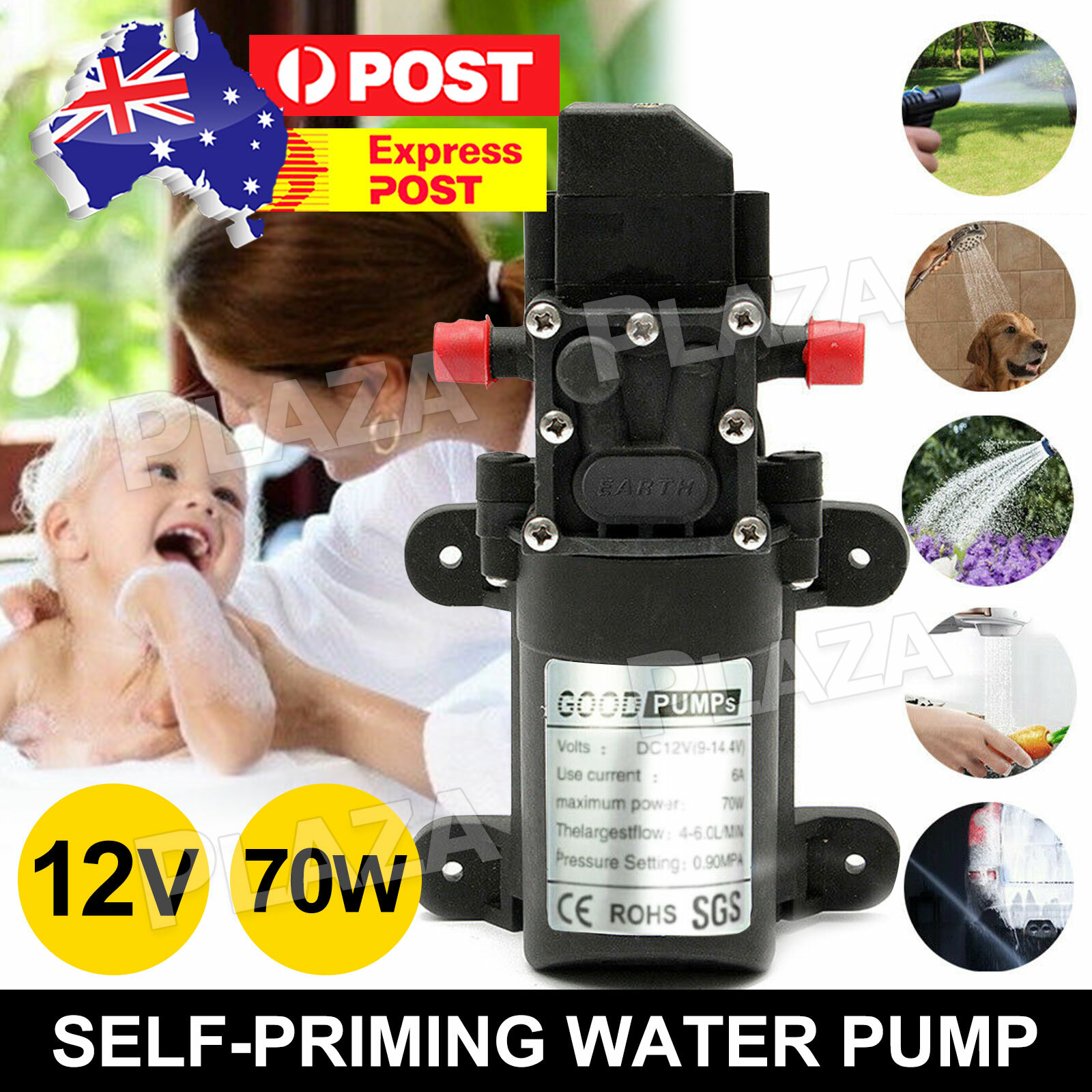 12V Water Pump 6L/Min 70W Self-Priming Diaphragm Caravan Camping Boat 130PSI