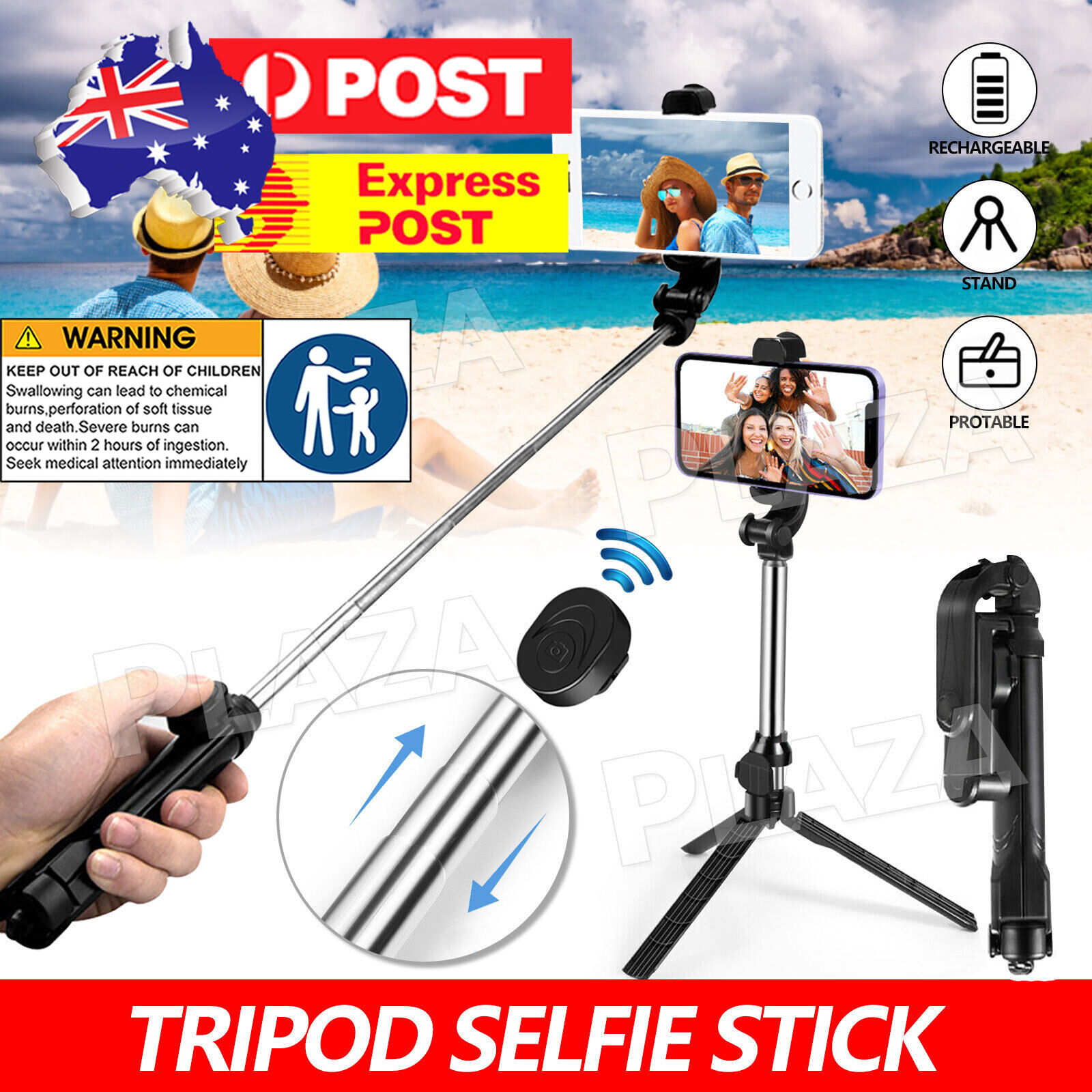 2-in-1 Bluetooth Extendable Selfie Stick Tripod Detachable Remote 70cm Black