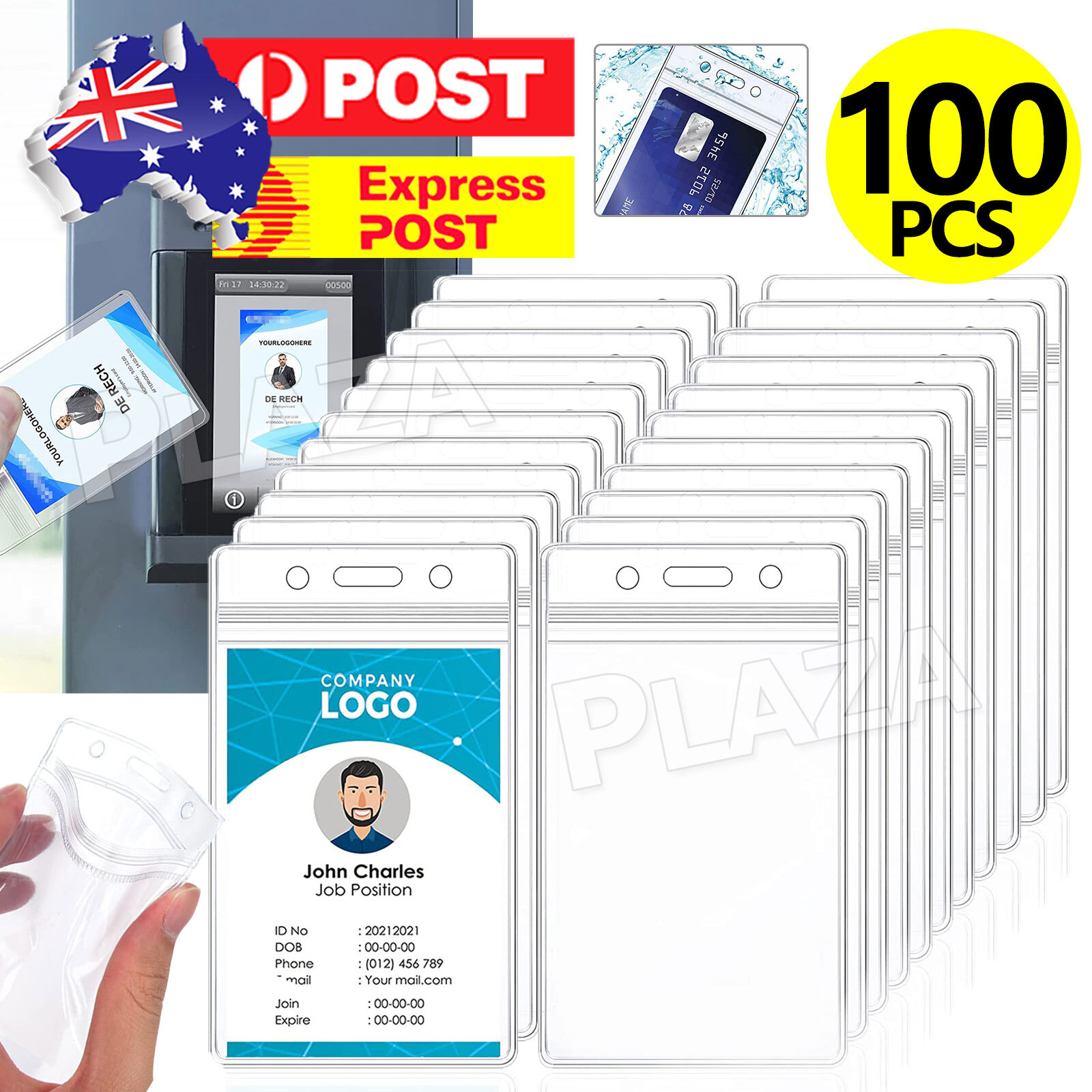 100PCS Clear PVC ID Card Holder Pouch Zip Lock Lanyard Badge Waterproof 115 65mm