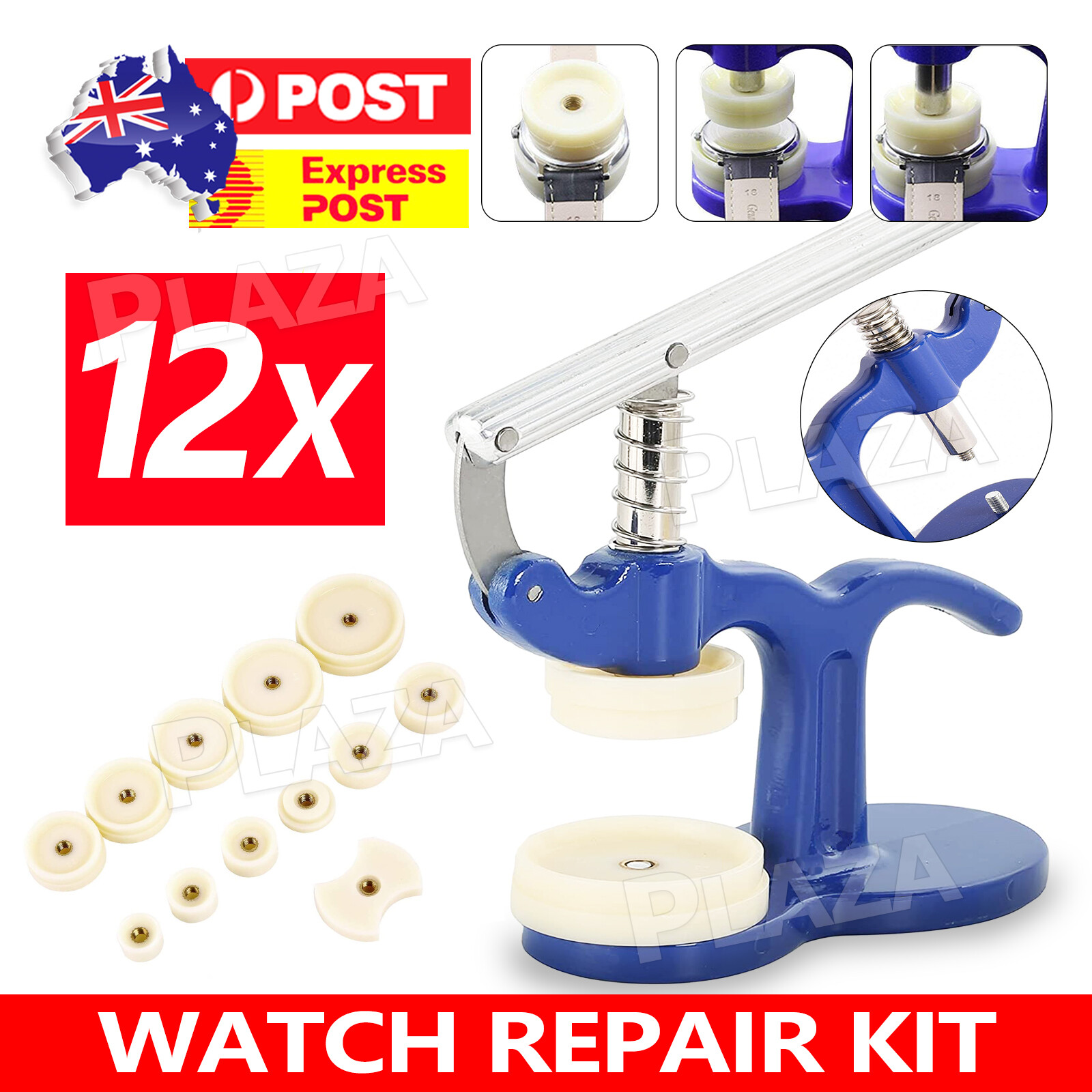 Watch Case Closer Press Tool Kit 12 Dies Alloy ABS Blue 18cm/19cm Snap Back