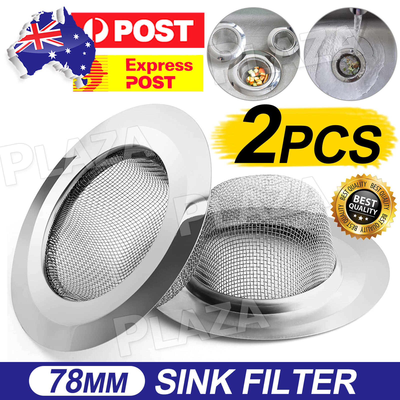 2PCS Stainless Steel Kitchen Sink Mesh Strainer Plug Drain Filter Silver 7.8cm