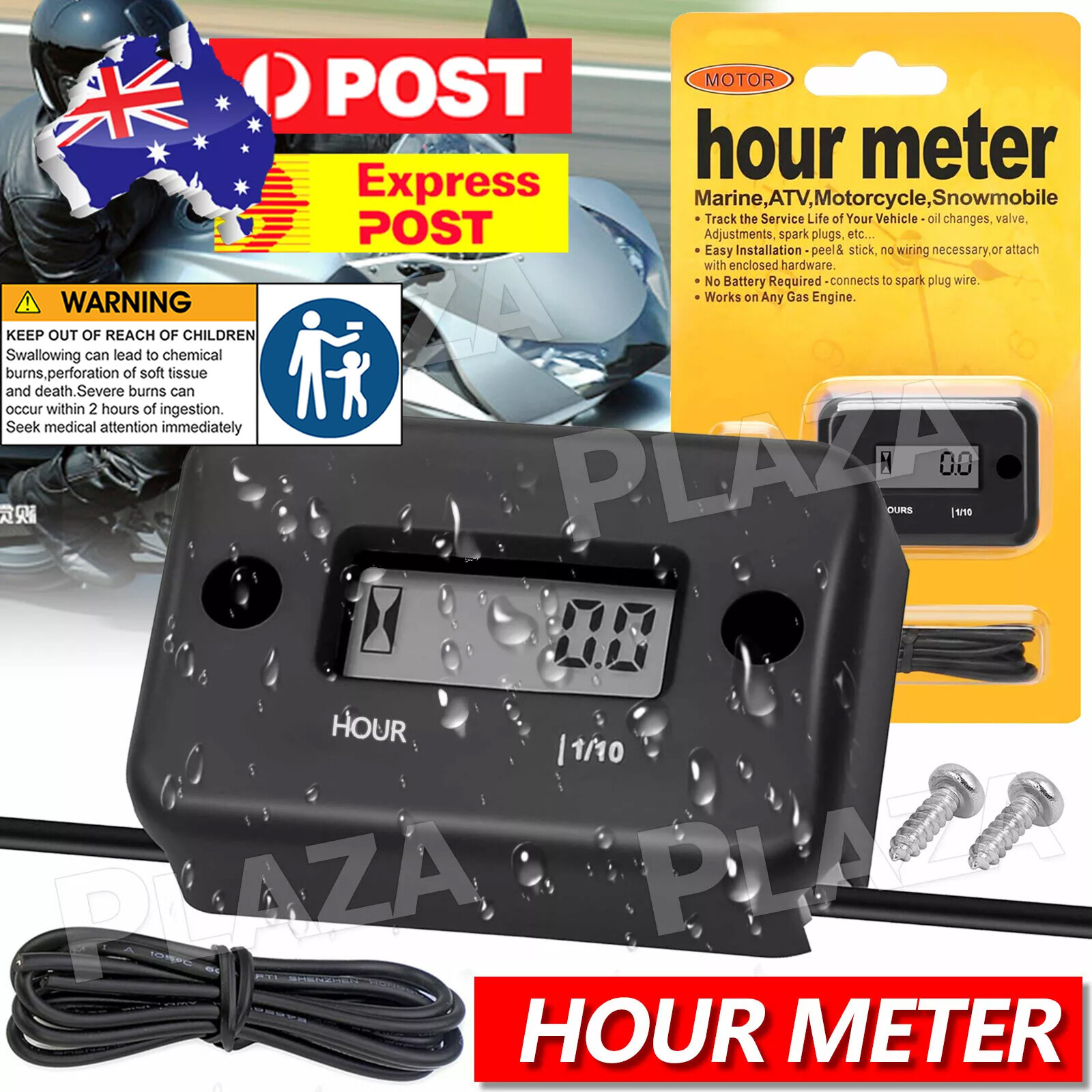 Inductive Waterproof Hour Meter LCD Screen Motorcycle ATV Marine Engine Black