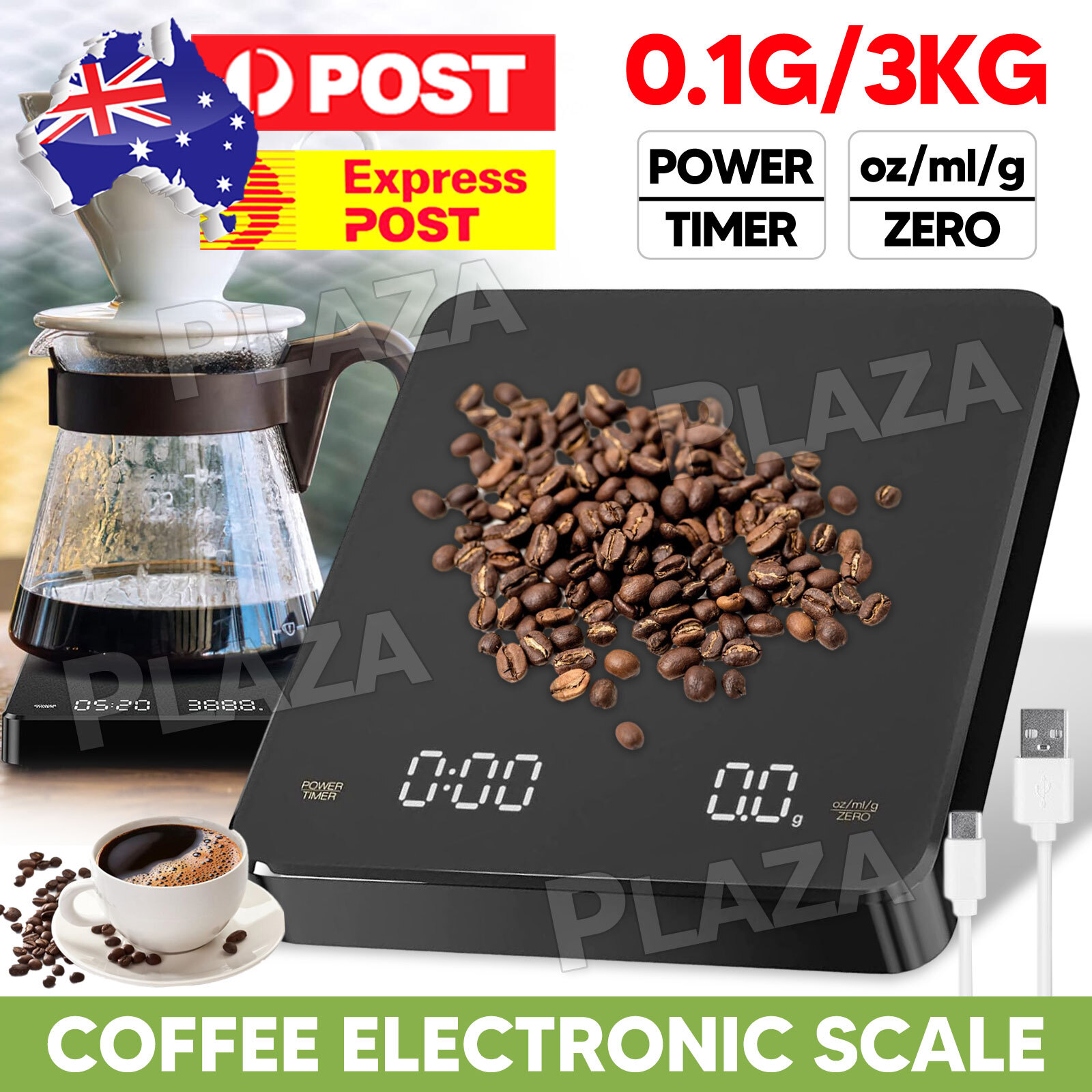 Digital Coffee Scale With Timer 3000g 0.1g LED Display USB Rechargeable Black