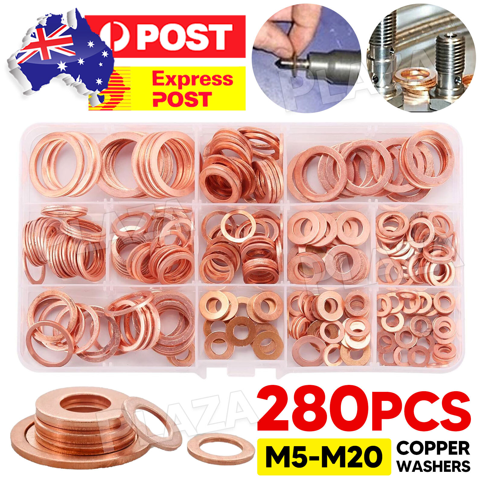 280PCS Copper Washer Gasket Set M5-M20 Assorted Solid Flat Ring Seals Car Engine