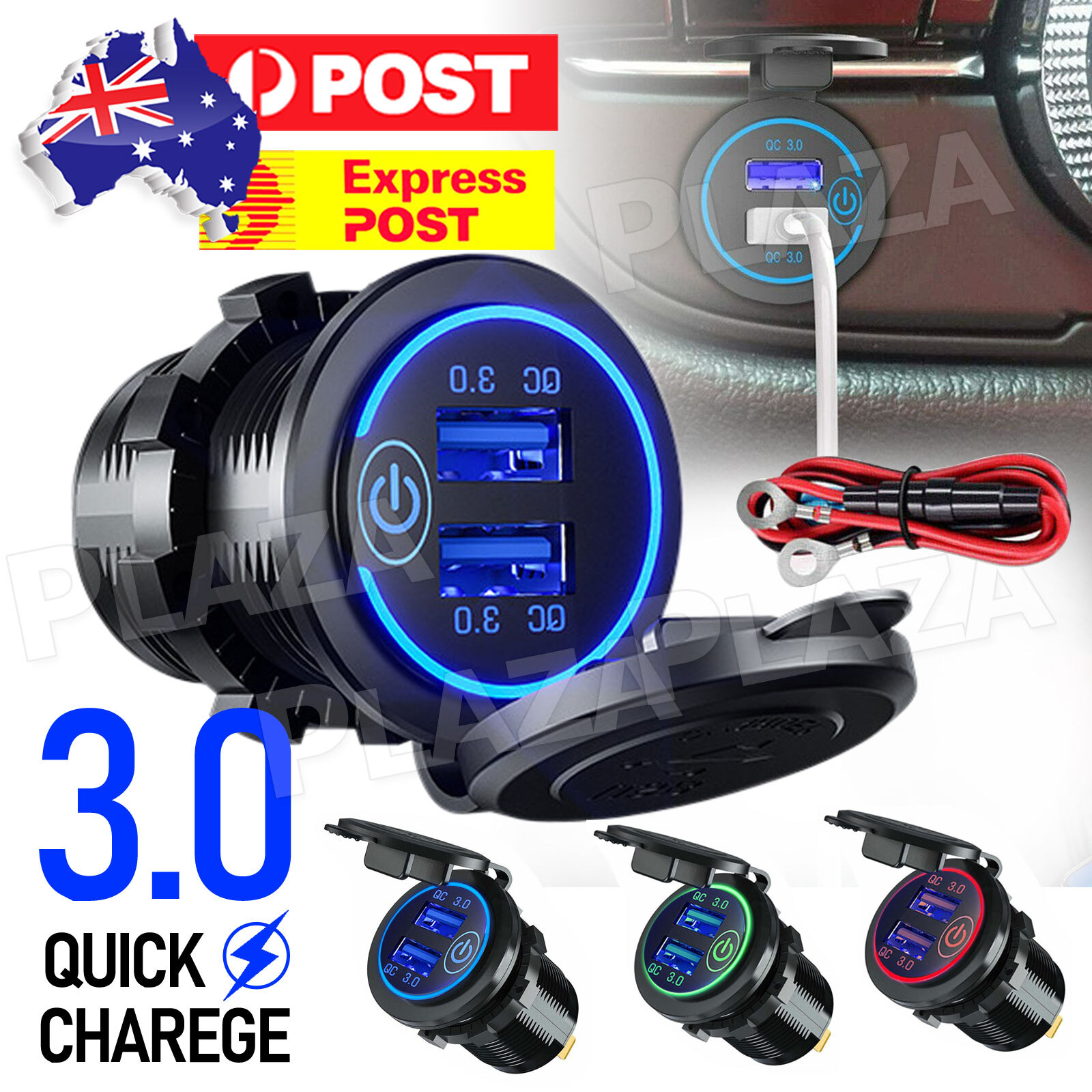 PD Dual USB Car Charger QC 3.0 12V 24V Quick Charge Dust-proof Blue With Switch