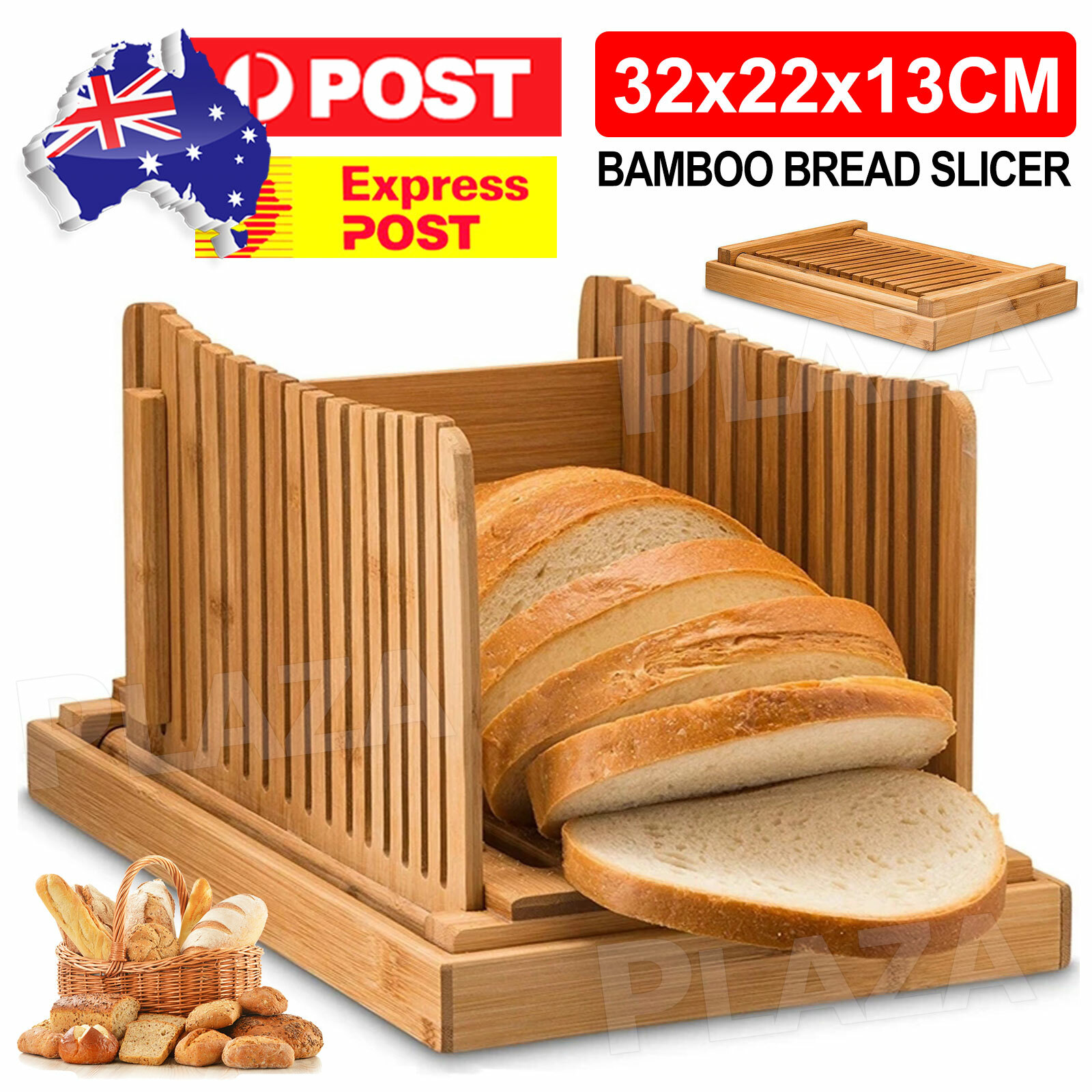 Bamboo Bread Slicer Foldable Loaf Cutting Guide Crumb Catching Tray 32 22 13CM