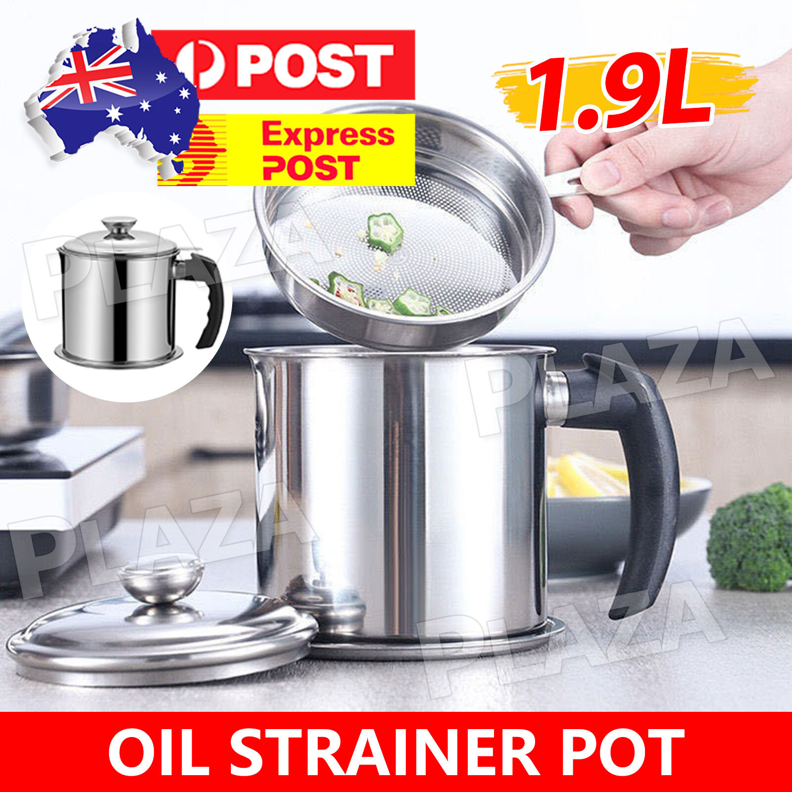 Stainless Steel Oil Strainer Pot 1.9L Lid Dripping Container Fry Oil Storage