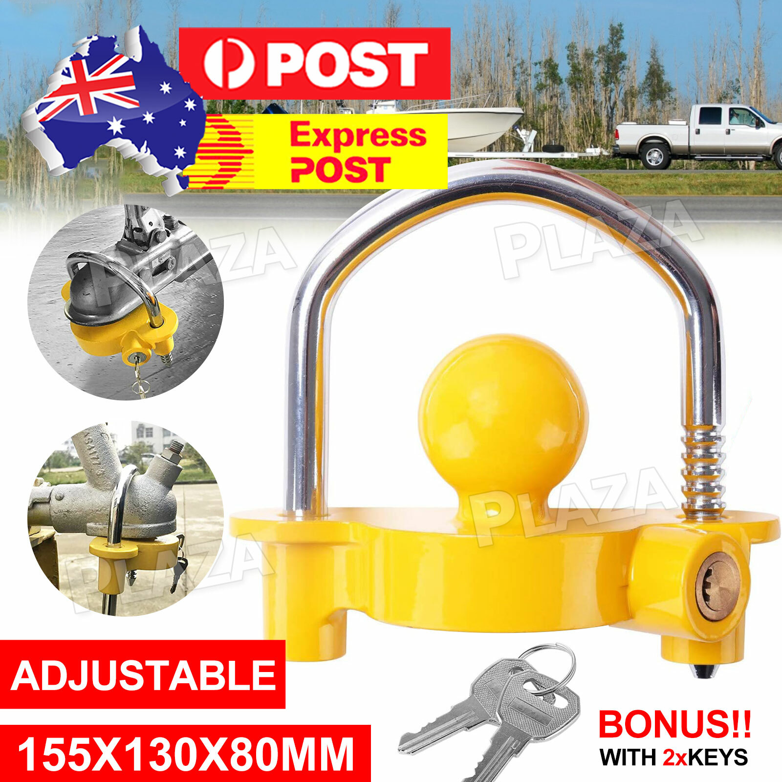 Universal Trailer Lock Hardened Steel Yellow 155 130 80MM Tow Ball Security
