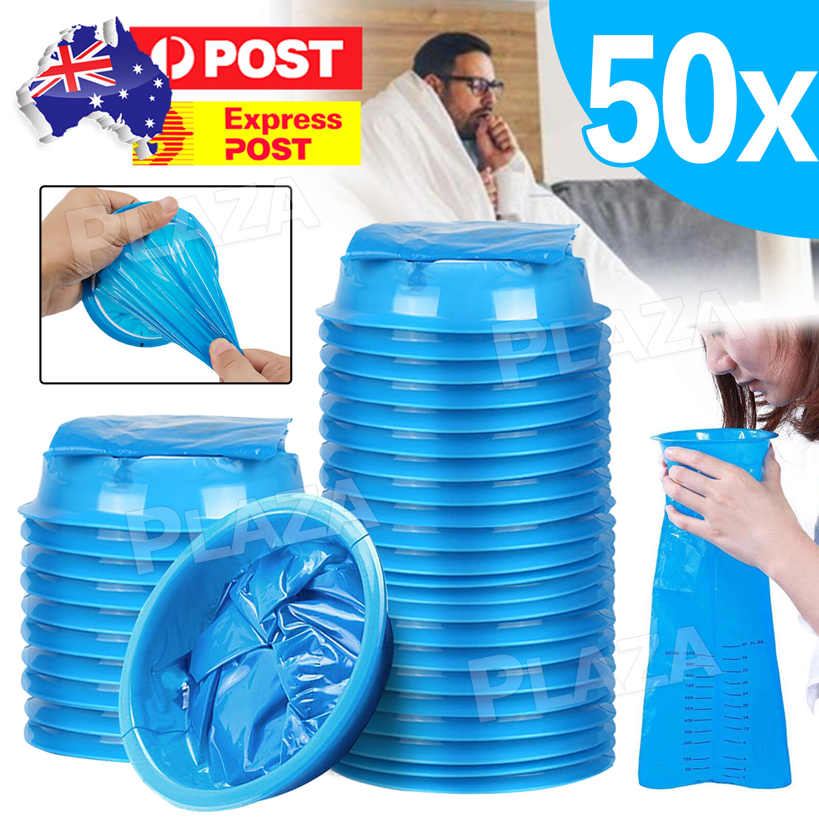 Disposable Vomit Bags 50PCS 1000ML Blue HDPE Sealable Sickness Travel Portable