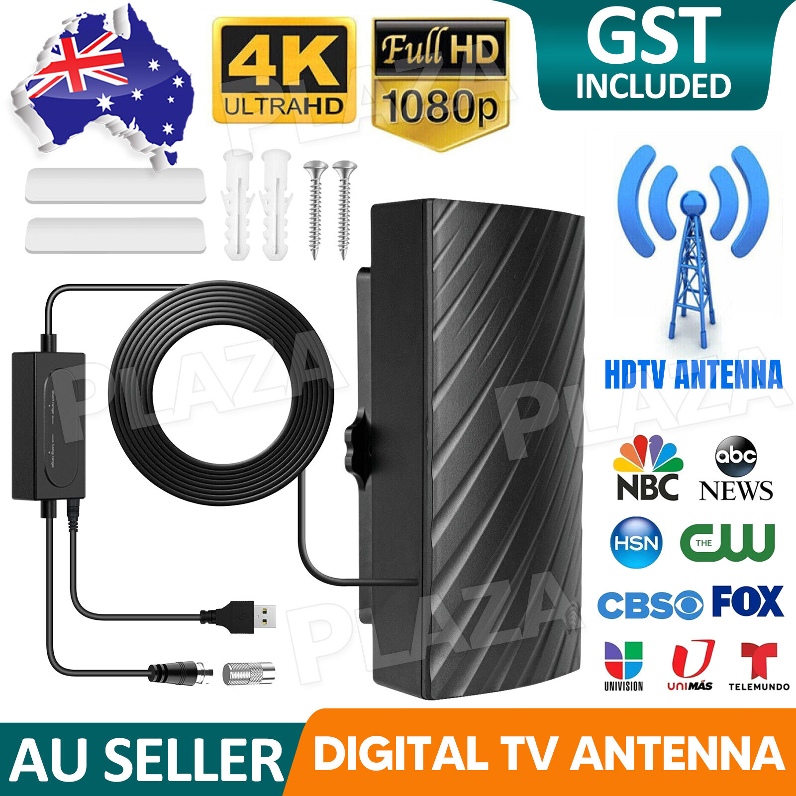 Indoor HDTV Antenna 600 Miles Range 39dB Amplified 4K 1080P UHF VHF Black 4.9m