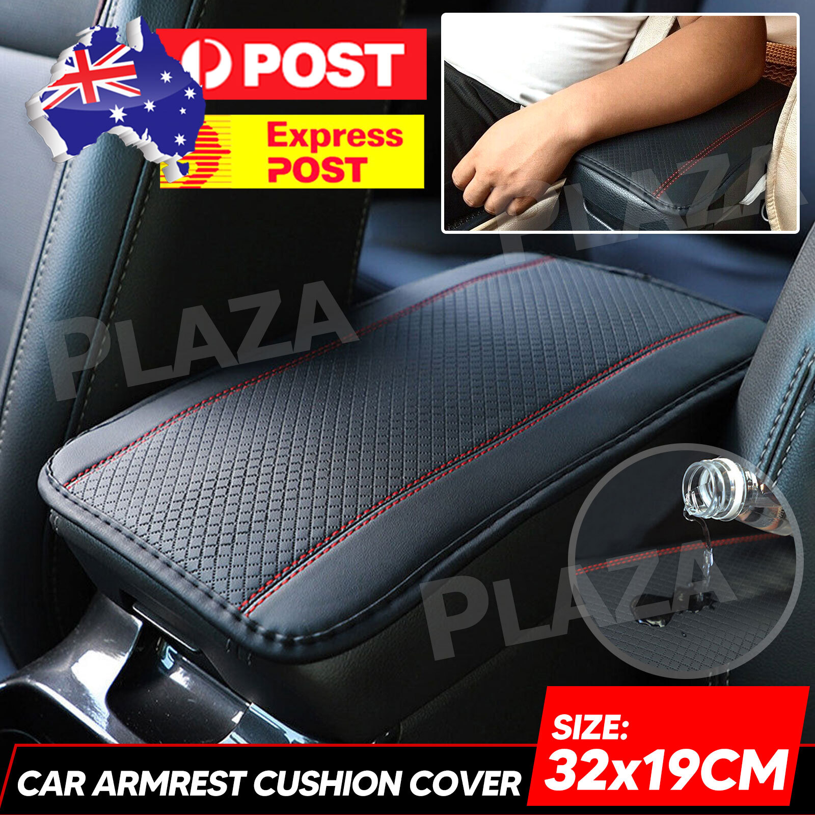 Universal Car Armrest Pad Artificial Leather Black&Red 32cm 19cm Waterproof 1pc