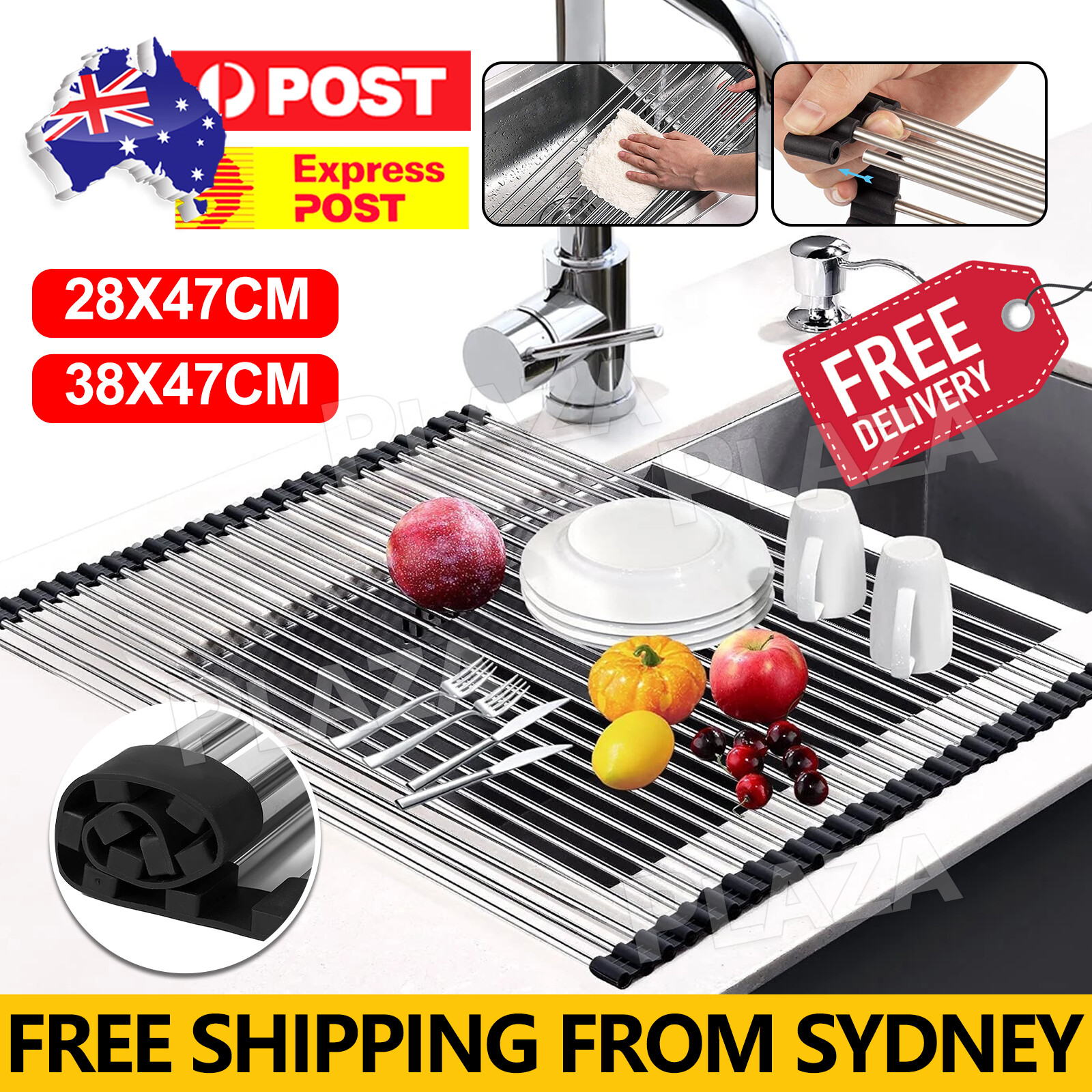 Stainless Steel Dish Drying Rack Roll Up Over Sink Drainer Size 28x47cm/38x47cm