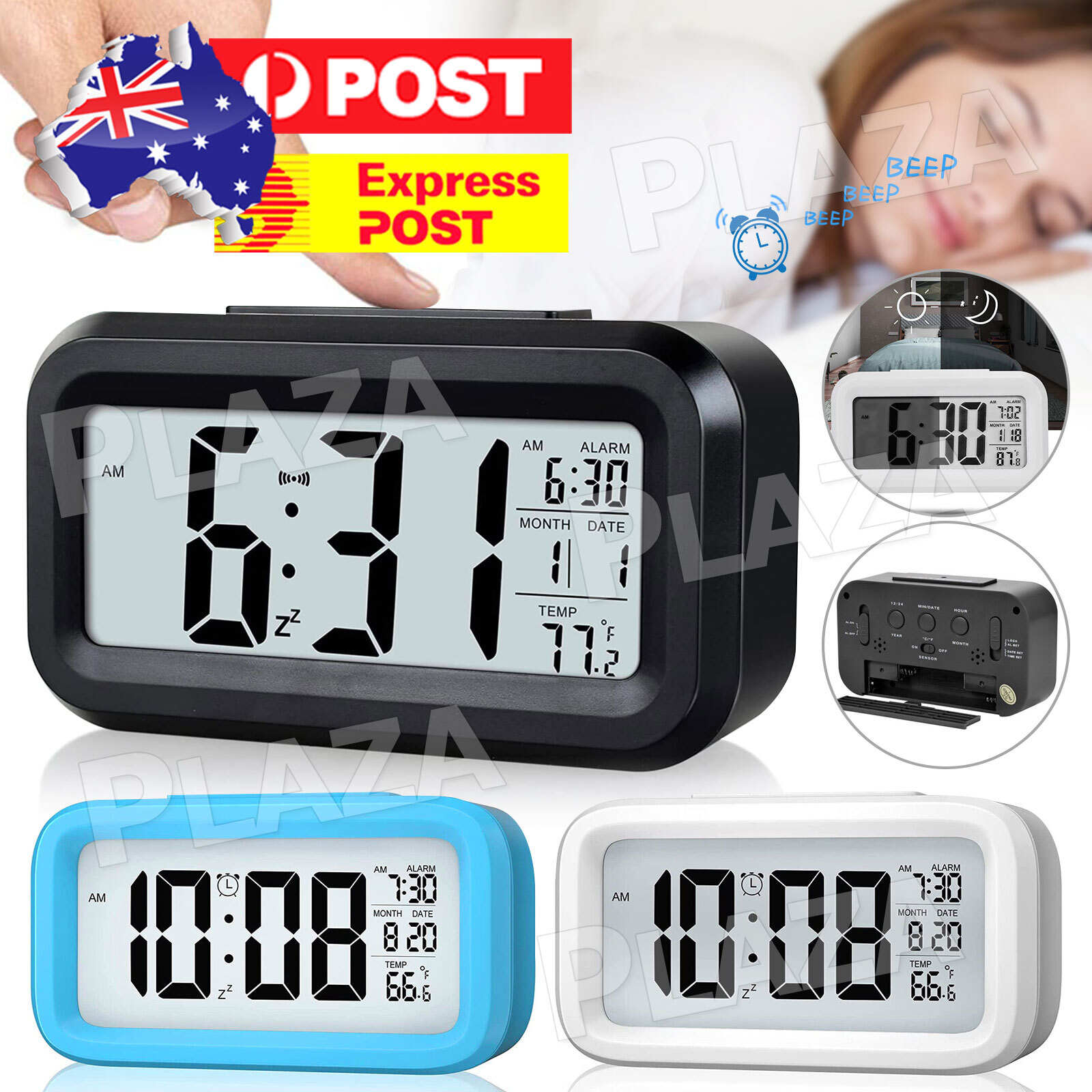 Digital LED Bedside Alarm Clock Snooze Temperature Calendar 12/24 Hours White