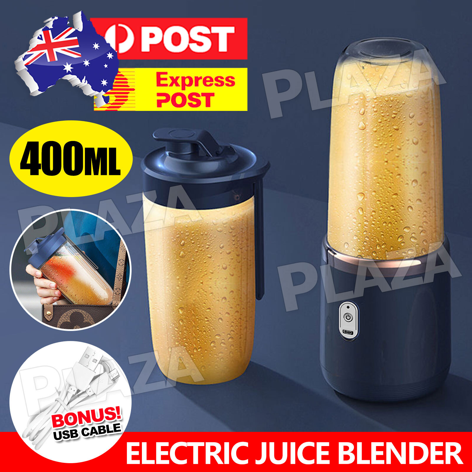 Portable USB Electric Fruit Juicer Blender 400ml Blue 40W Rechargeable Extra Cup