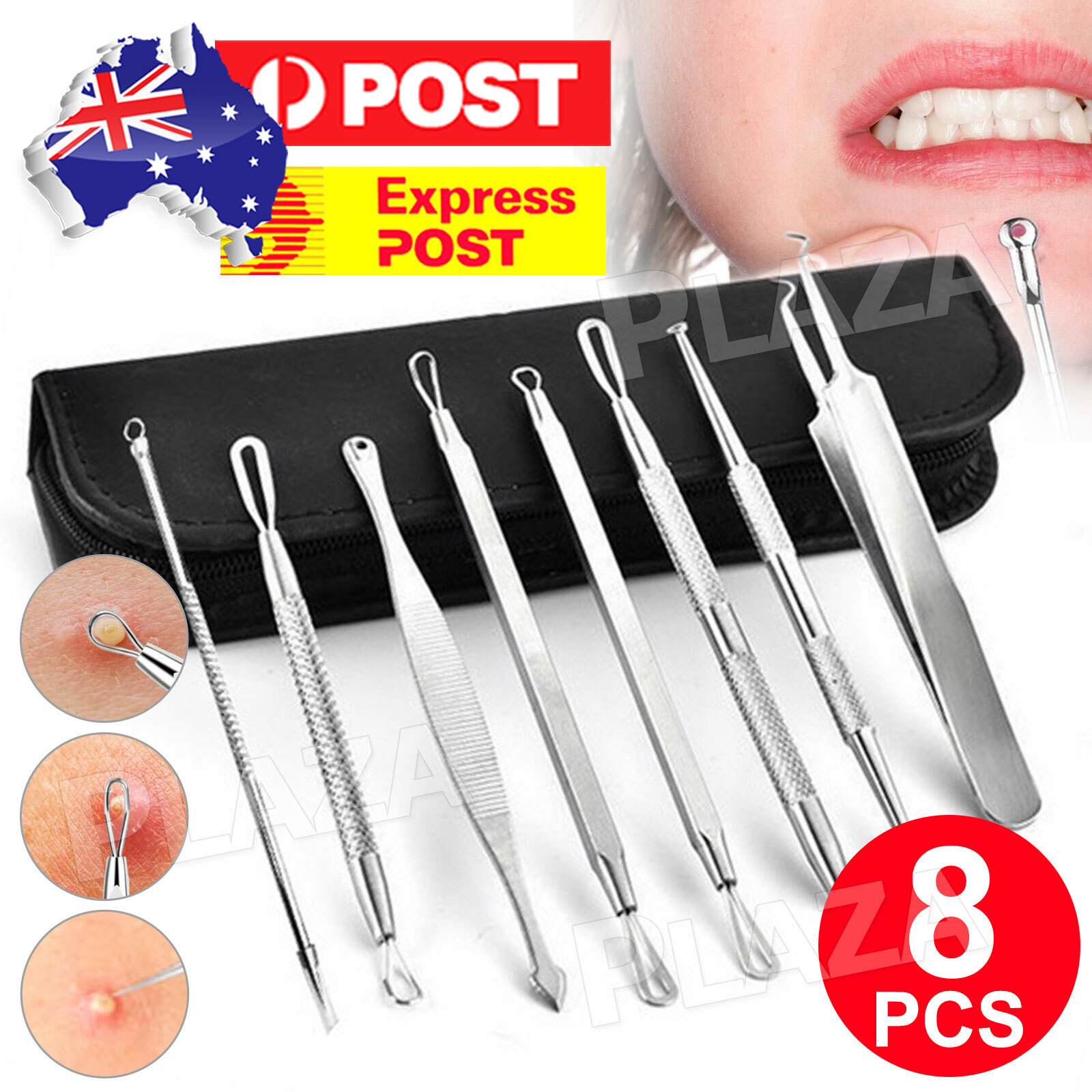 8pcs Blackhead Pimple Extractor Tool Kit Stainless Steel leather zipper Case
