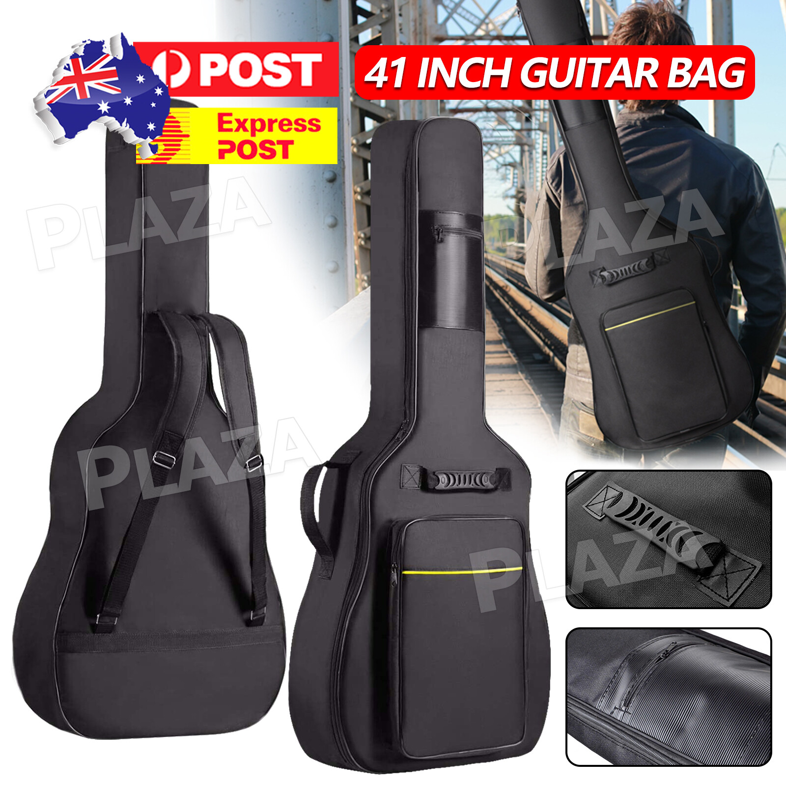 41 Acoustic Guitar Padded Gig Bag Black Double Straps 600D Oxford Waterproof