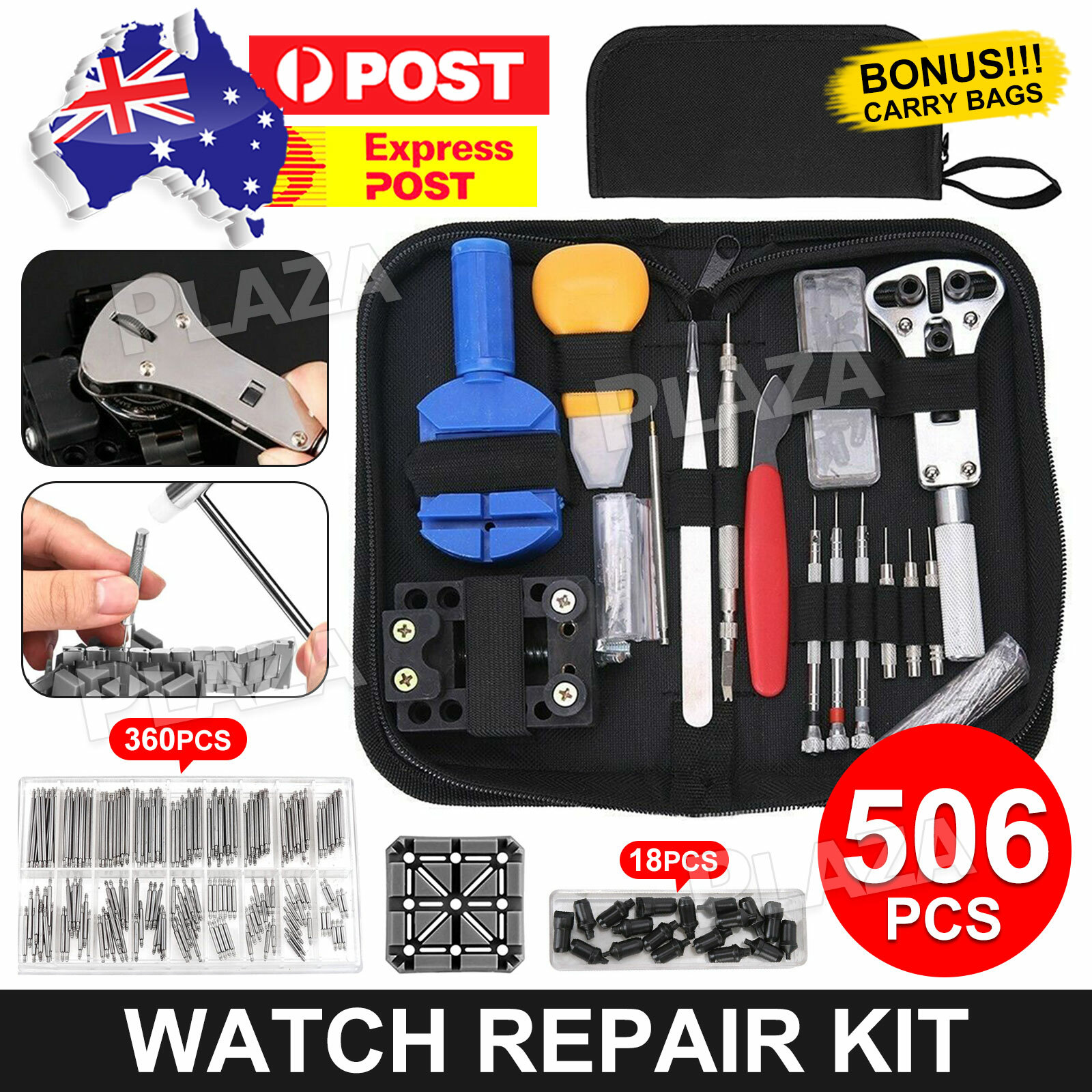 506pcs Watch Repair Tool Back Case Opener Remover Spring Bars Black Stainless
