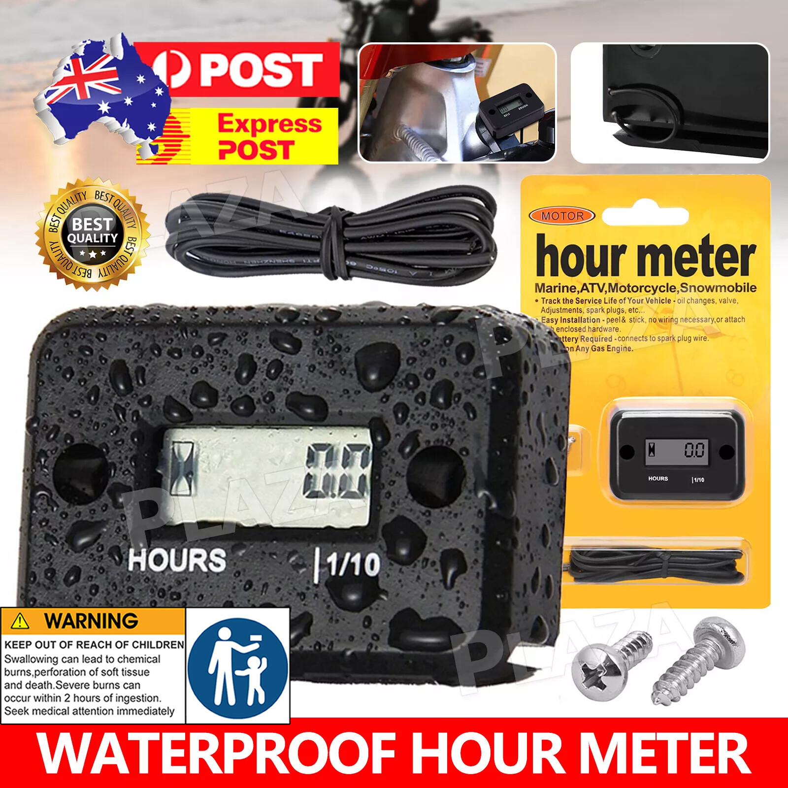 Inductive Waterproof Hour Meter LCD Screen Motorcycle Marine Snowmobile Black