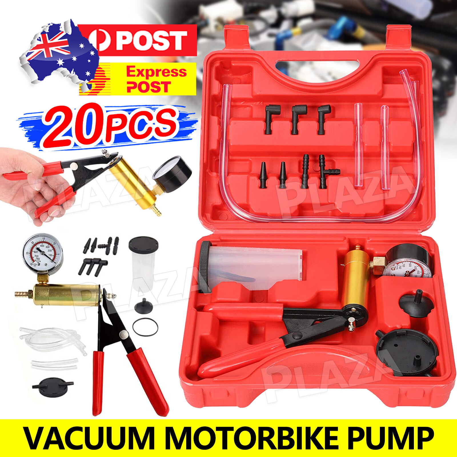 Red Vacuum Brake Bleeder Pump Kit Hand Held Tester Car Motorbike Gauge 0-30 Hg