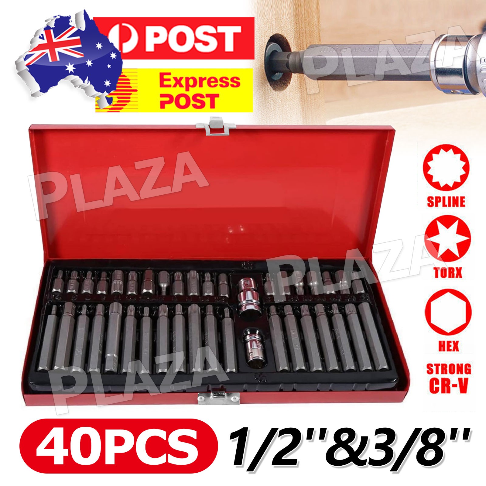 40pcs Power Bit Socket Set Allen Hex Torx Spline 3/8 1/2 Drive Alloy Steel Case