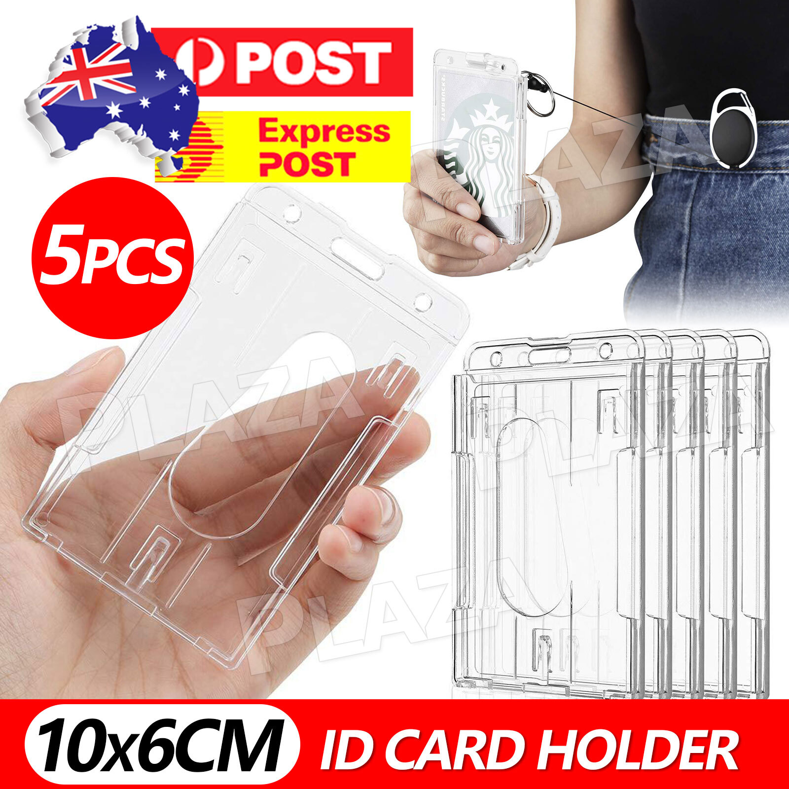 5PCS ID Card Holder Transparent Plastic Lanyard Badge 10x6CM Thumb Slot Clear