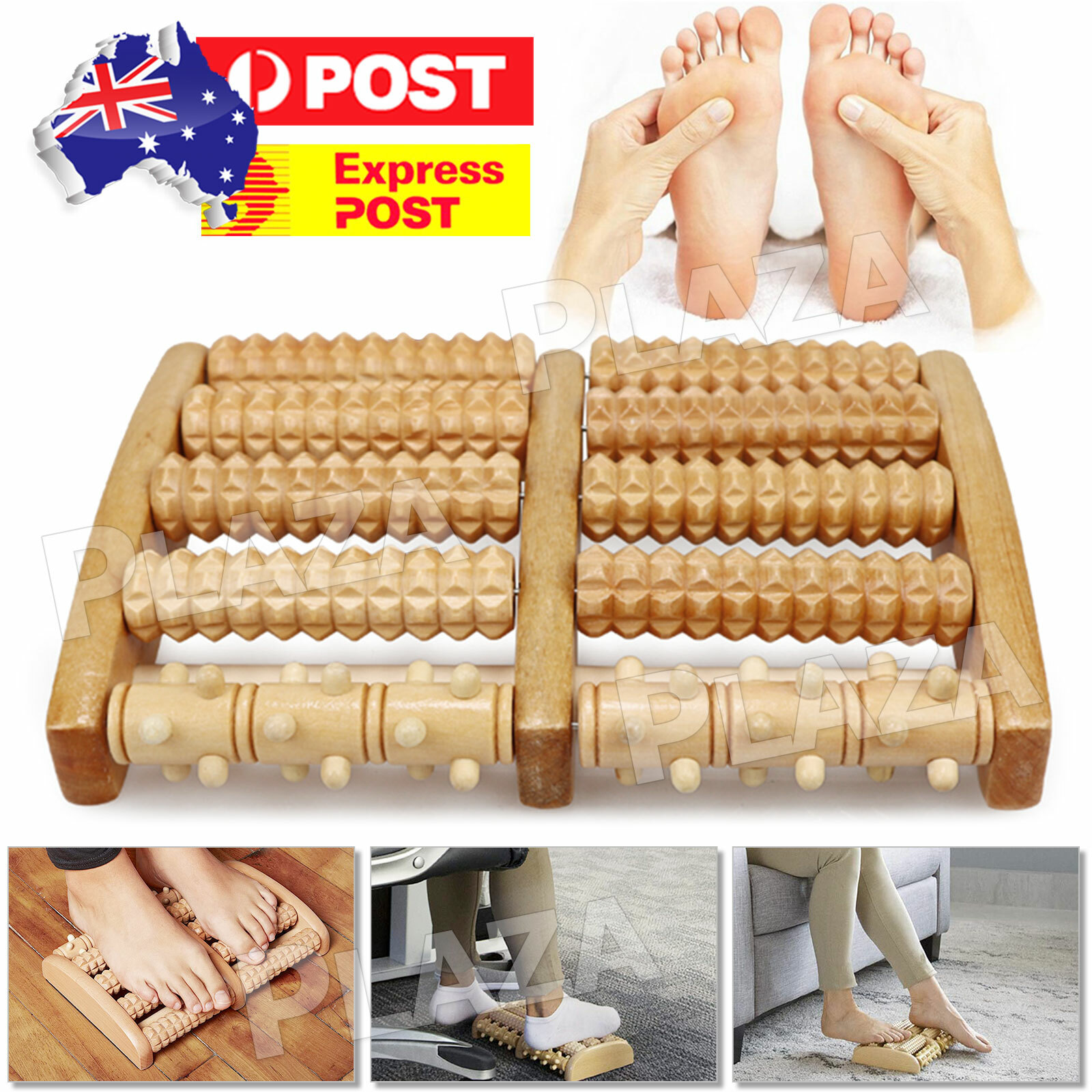 Wooden Foot Roller Massager 5 Roller Reflexology Pain Relief Brown 27cm 17cm