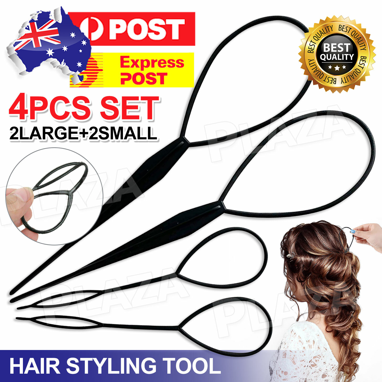 4pcs Hair Styling Tool Ponytail Back Braid Maker Loop Black Plastic Large Small