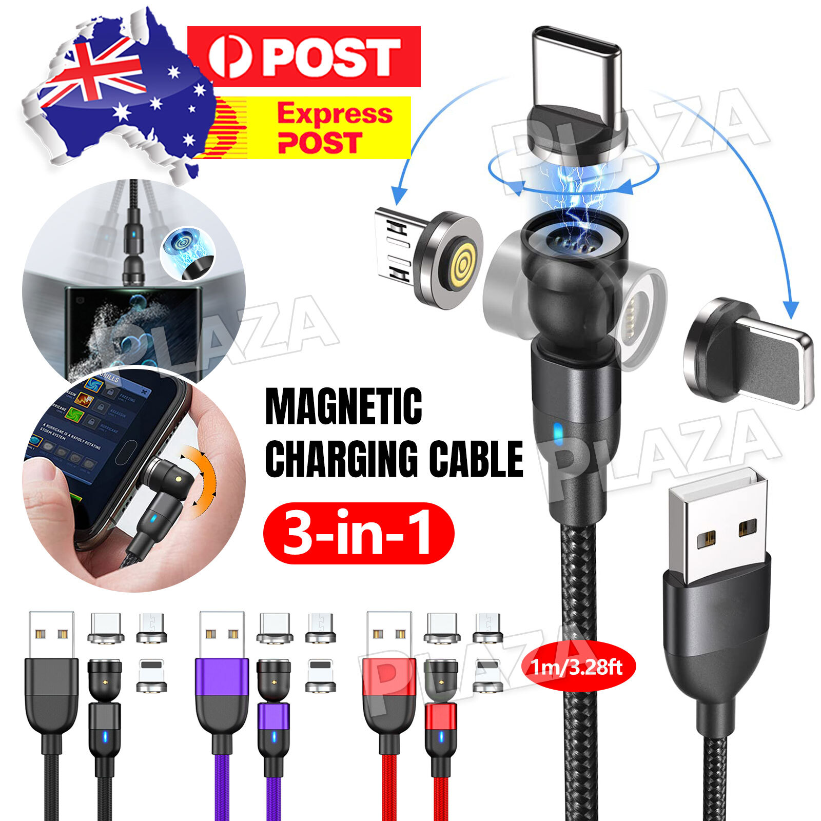 3 in 1 Magnetic Charging Cable 1M Dual USB Micro-USB USB-C for Apple iPhone 11