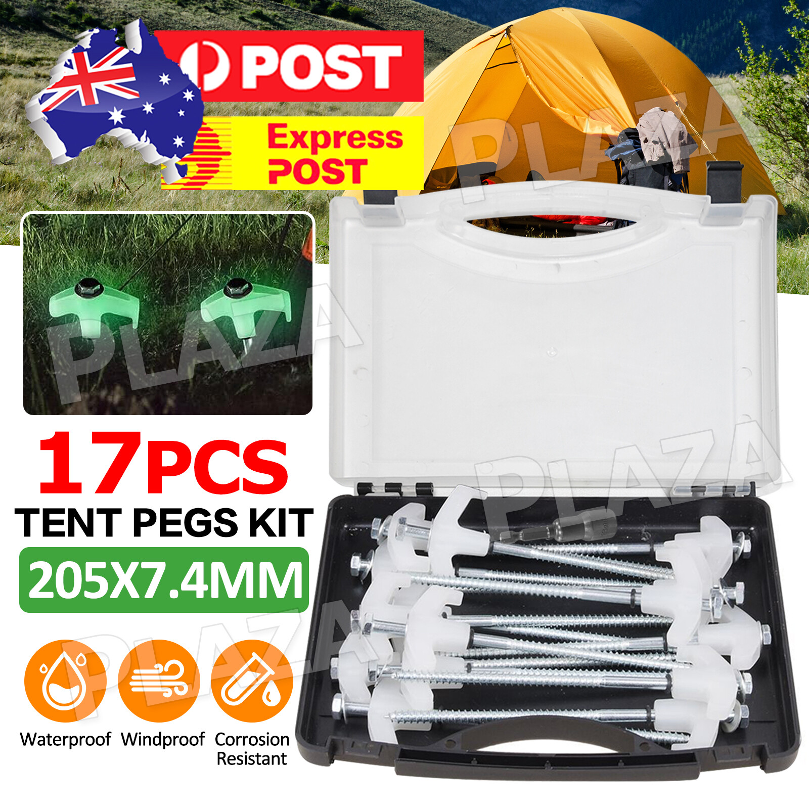 17x Heavy Duty Steel Screw Camping Tent Pegs 205x7.4MM Glow in Dark 13mm Hex Bit
