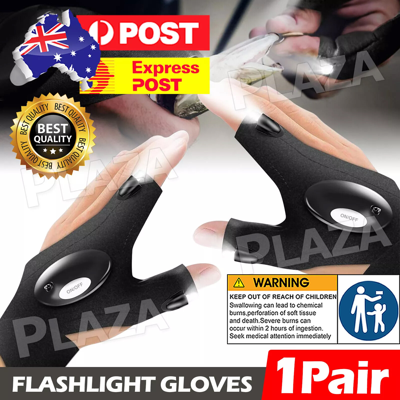 2 Pcs LED Flashlight Fishing Gloves Black Waterproof Breathable Wrist One Size