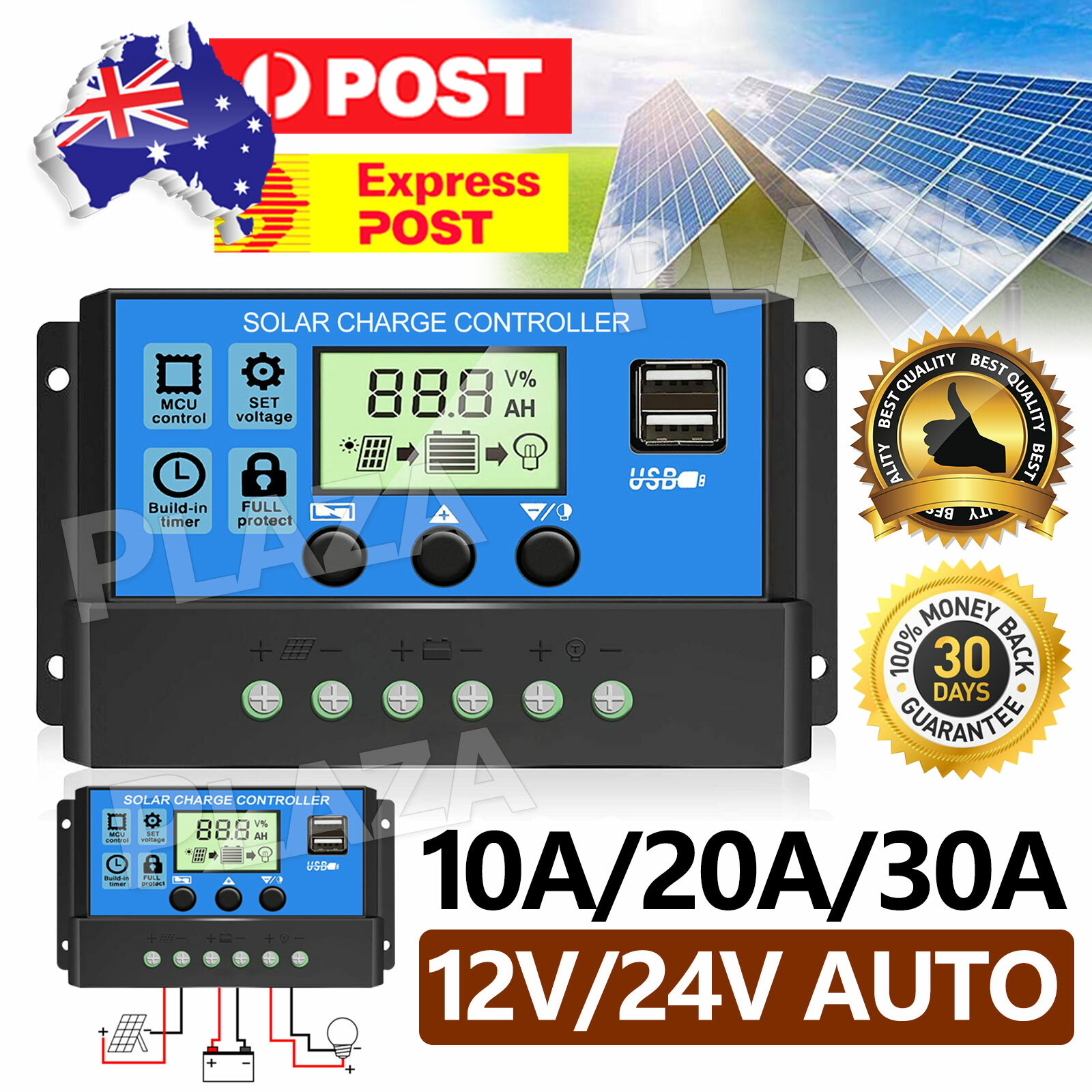 Solar Panel Regulator Controller 20A/30A 12V/24V PWM Digital Display Dual USB