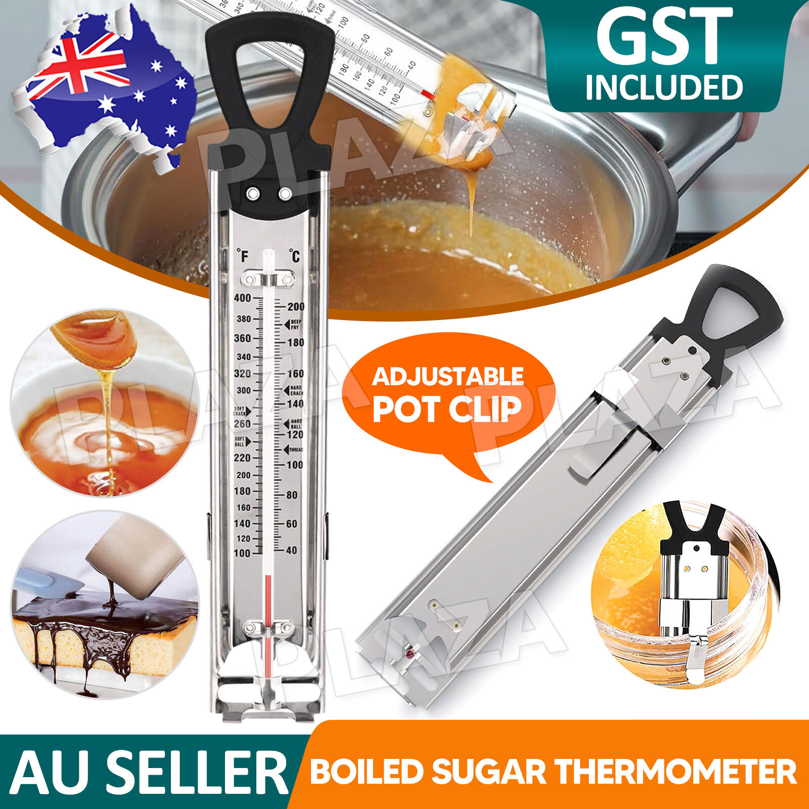 CANDY THERMOMETER Cooking Jam Sugar Deep Gauge 40 200 Clip Kitchen Temperature