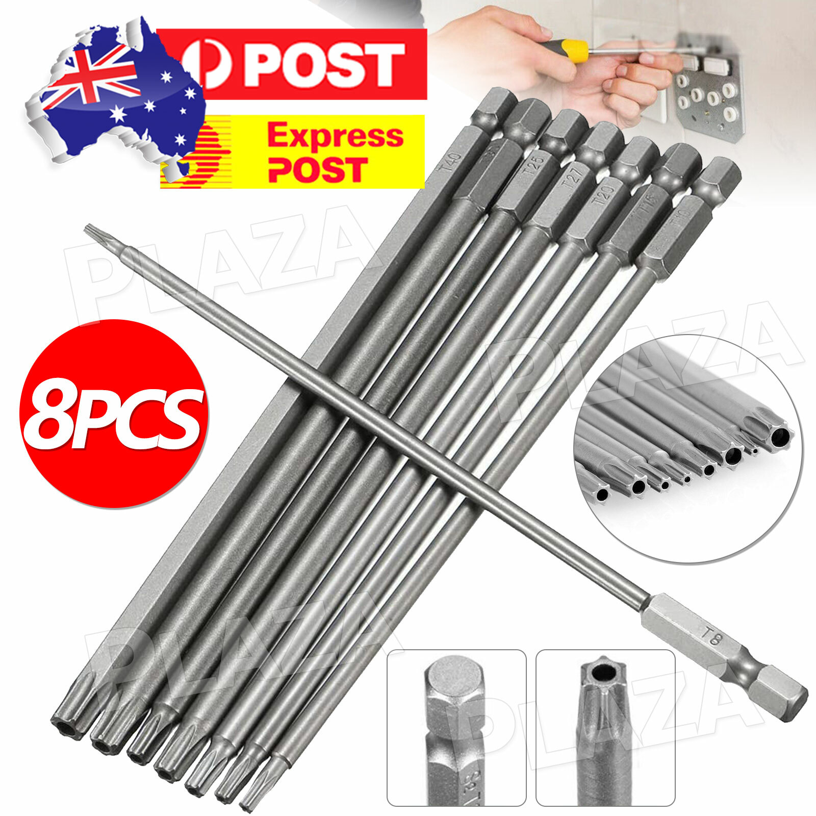 8pcs T8-T40 Torx Security Screwdriver Bit Set S2 Steel Magnetic Head 100mm Long