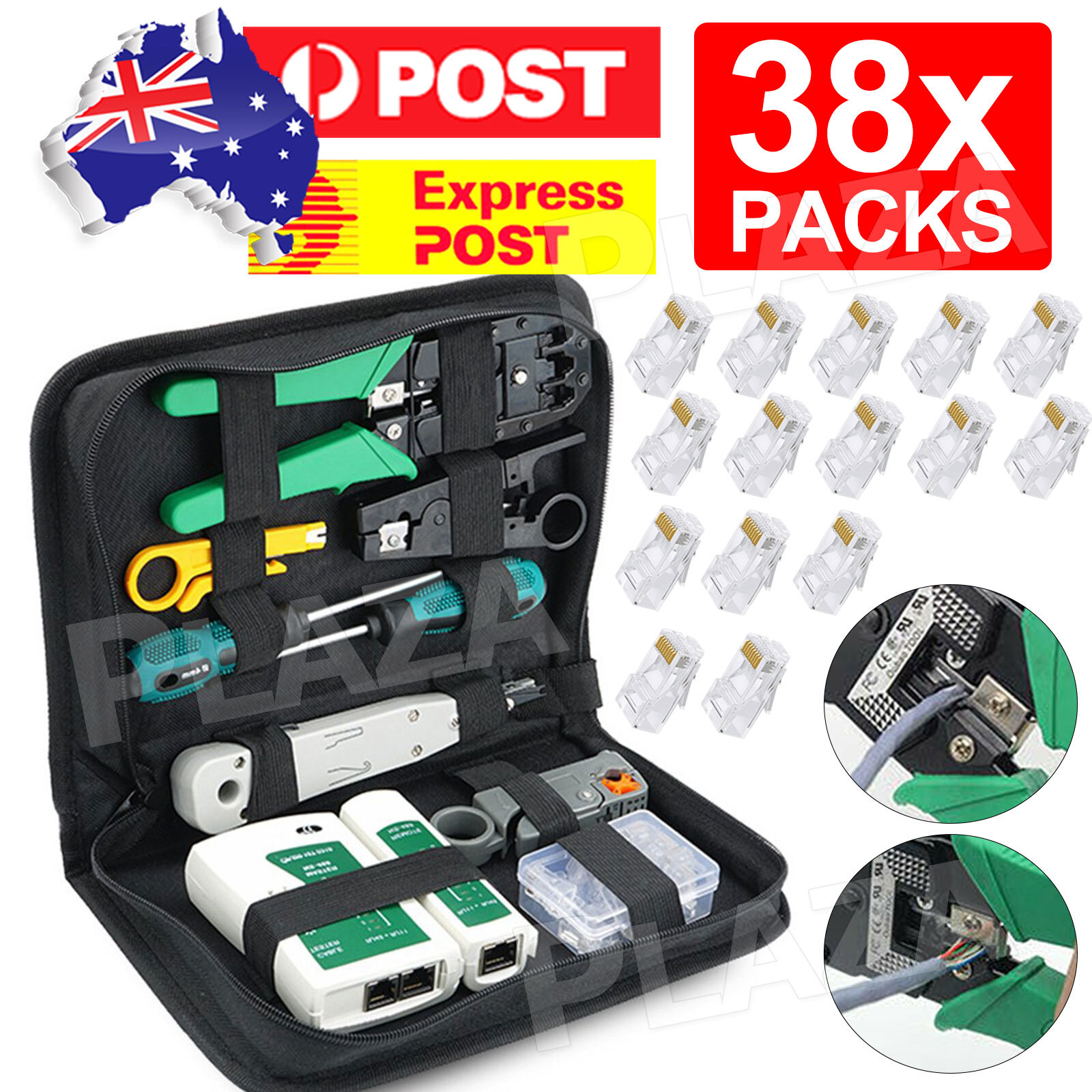 38pcs Network Cable Tool Kit Crimper Tester Stripper Punch Down RJ45 Cat6 110