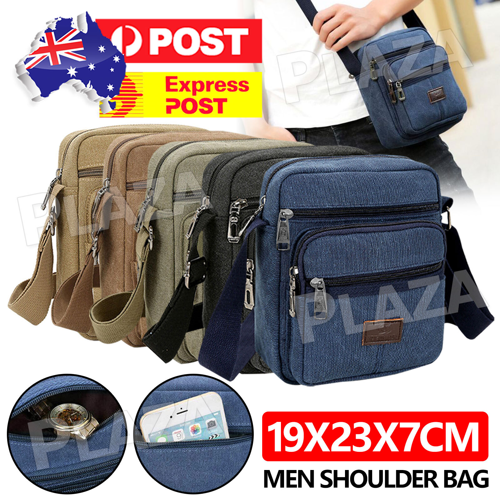 Men Canvas Crossbody Messenger Bag Adjustable Strap Multi Pockets Black Grey