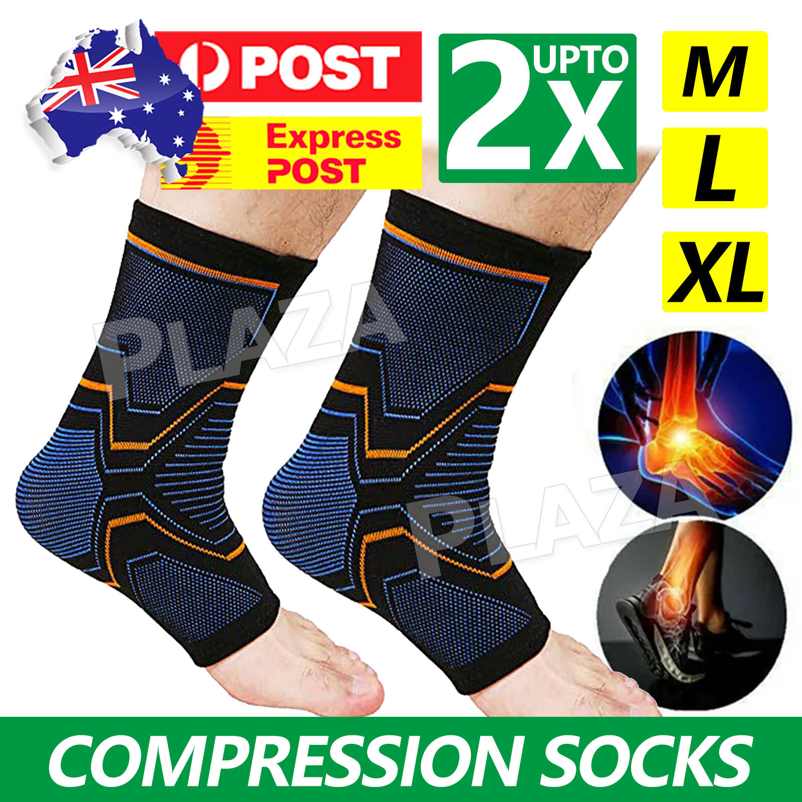 Ankle Brace Plantar Fasciitis Sock Compression Arch Support Black/Orange 37-41