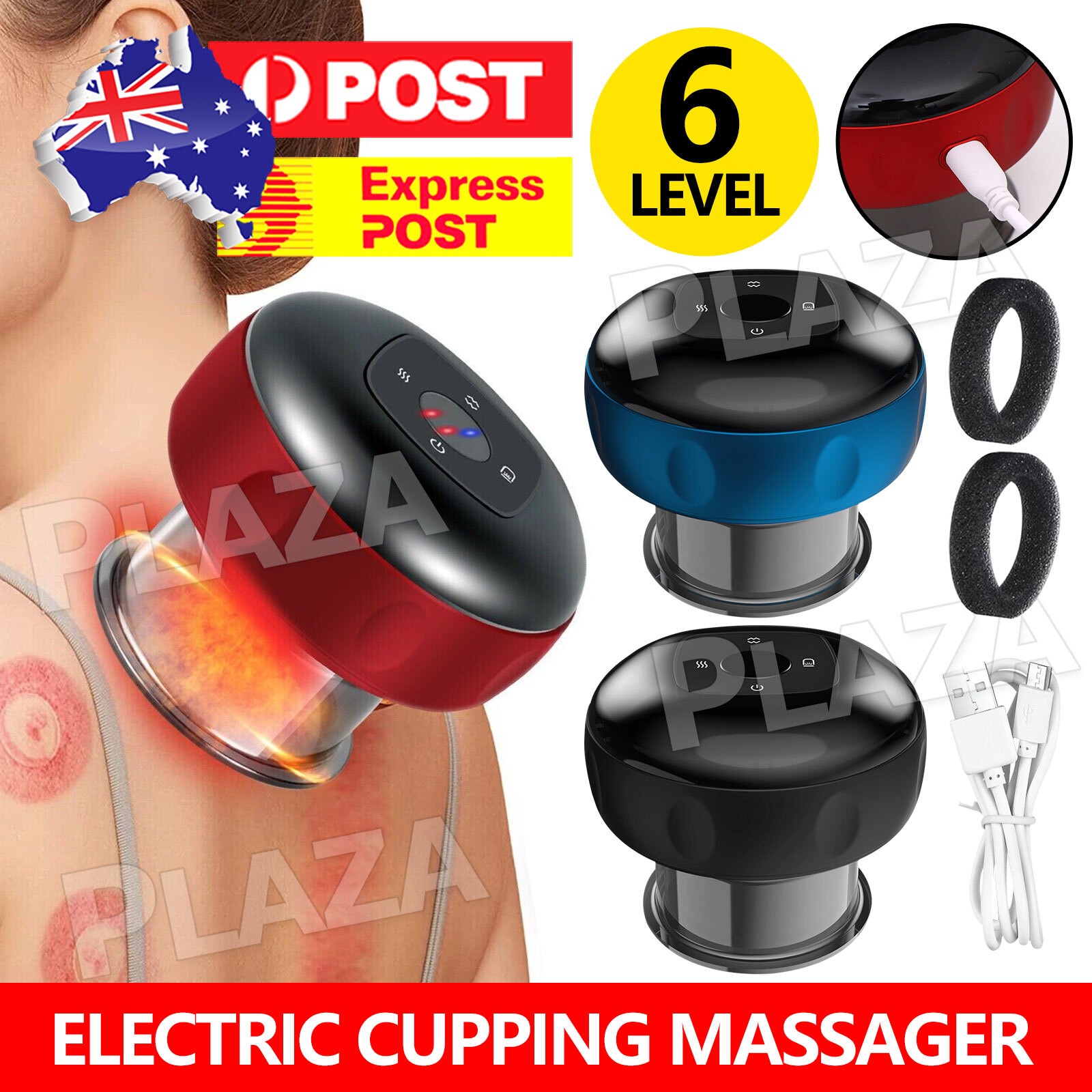 Electric Cupping Massager Therapy Heated Red Light 6 Gear USB Charging Black
