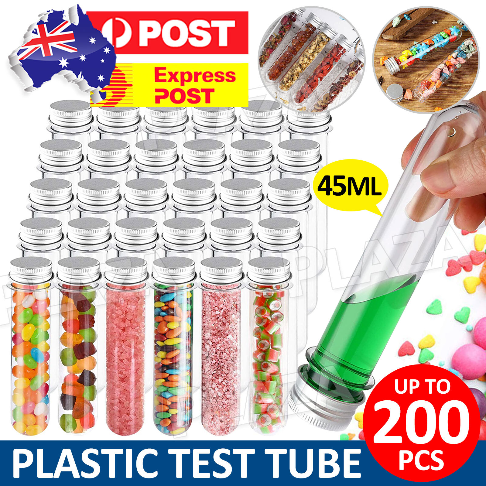 50/100/200x PET Plastic Test Tubes Metal Screw Caps 45ml 2.8x14CM Wedding Party