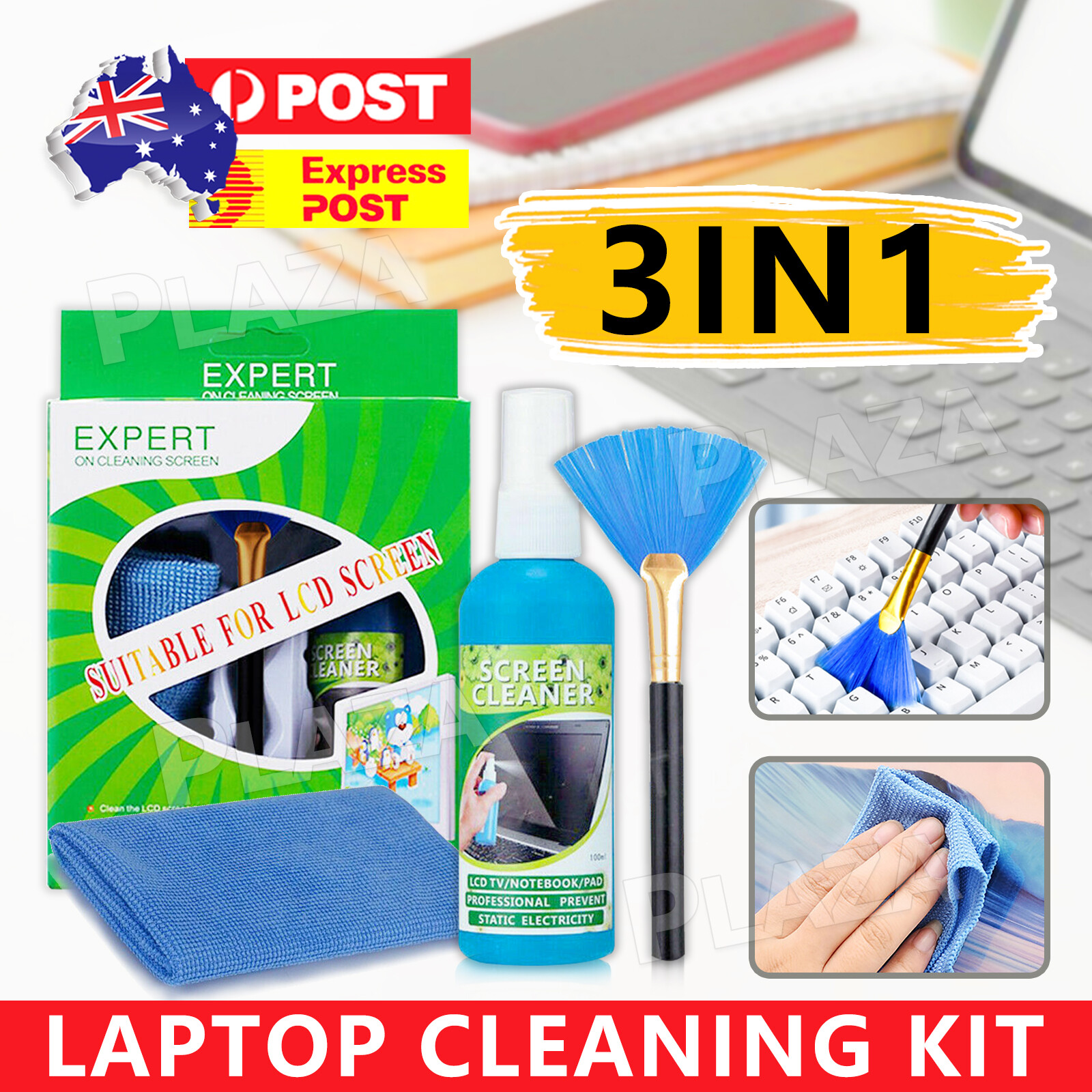 OZ Hot Laptop Screen Cleaner Kit 3in1 LCD TV Monitor microfiber Cloth Soft Brush