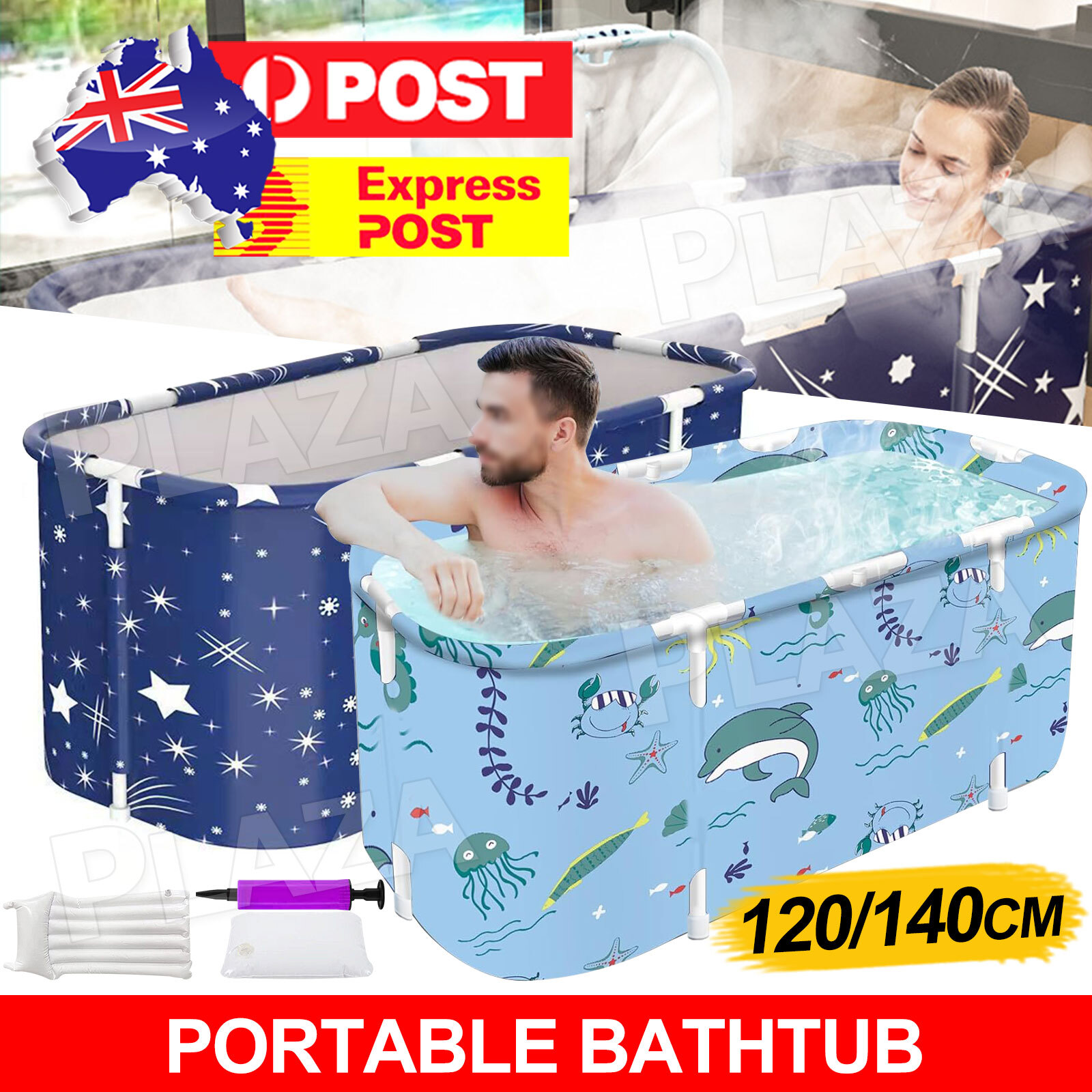 Foldable Portable Bathtub PVC Adult Spa Bath Freestanding Blue 140x55x50CM Deep