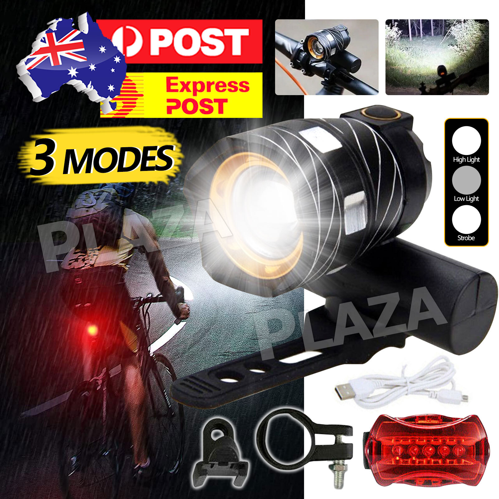15000LM Bike Light LED Front Rear Headlight Waterproof IP65 Three Modes Black