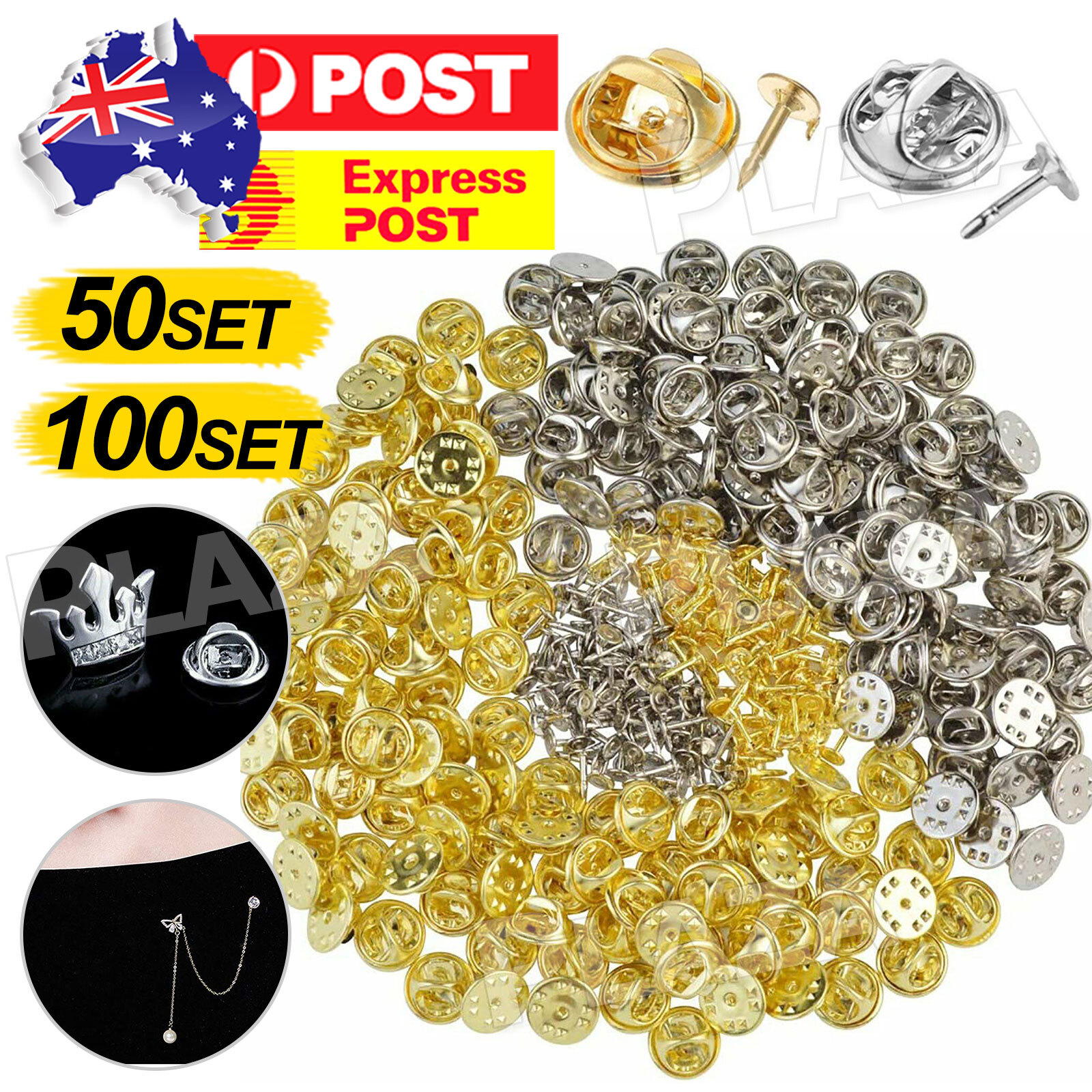 50pcs Butterfly Clutch Tie Tacks Pin Backs Blank Pins 8MM Gold Brooch Clasp