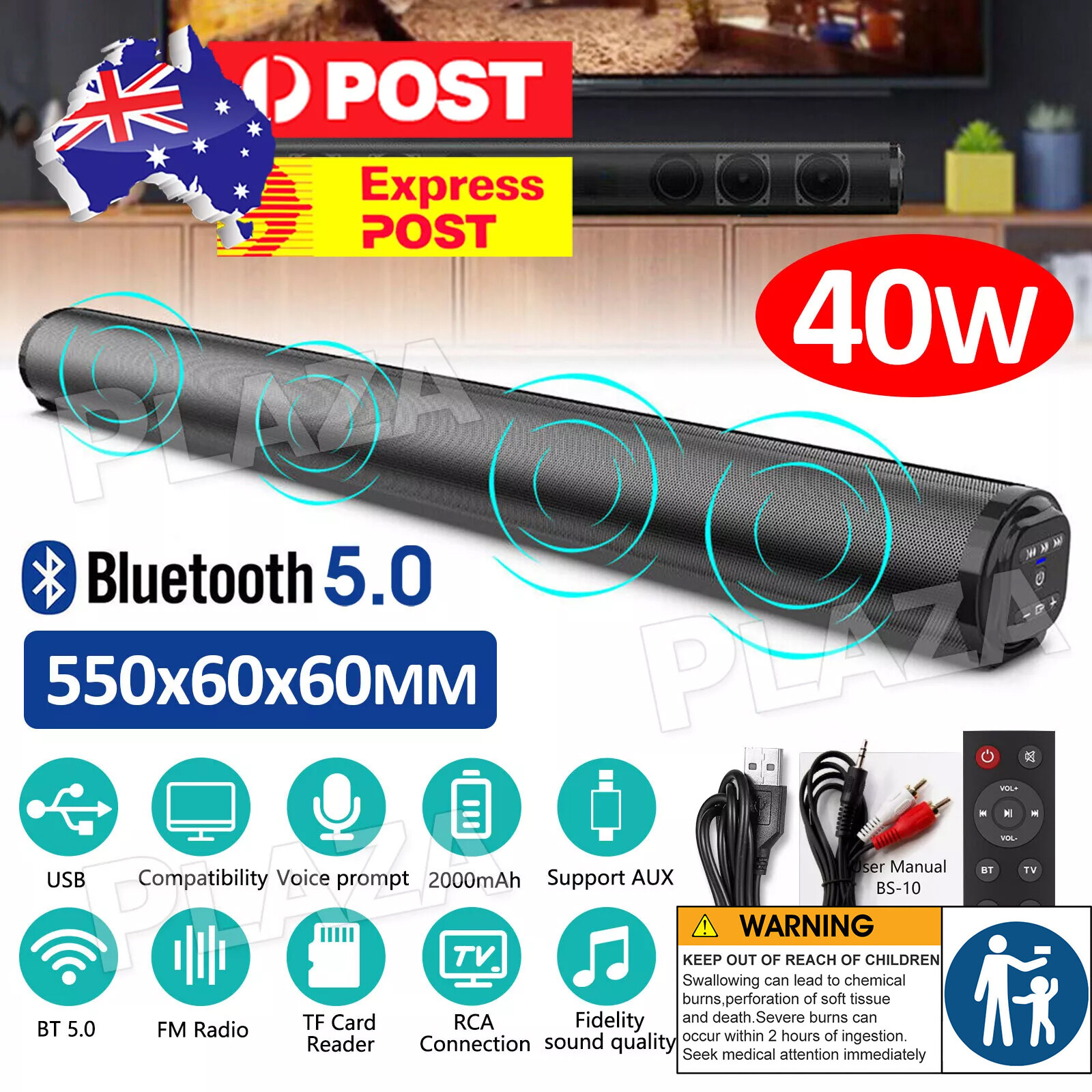 40W Wireless Bluetooth 5.0 TV Soundbar Speaker Black 55x6x6CM Remote Control USB