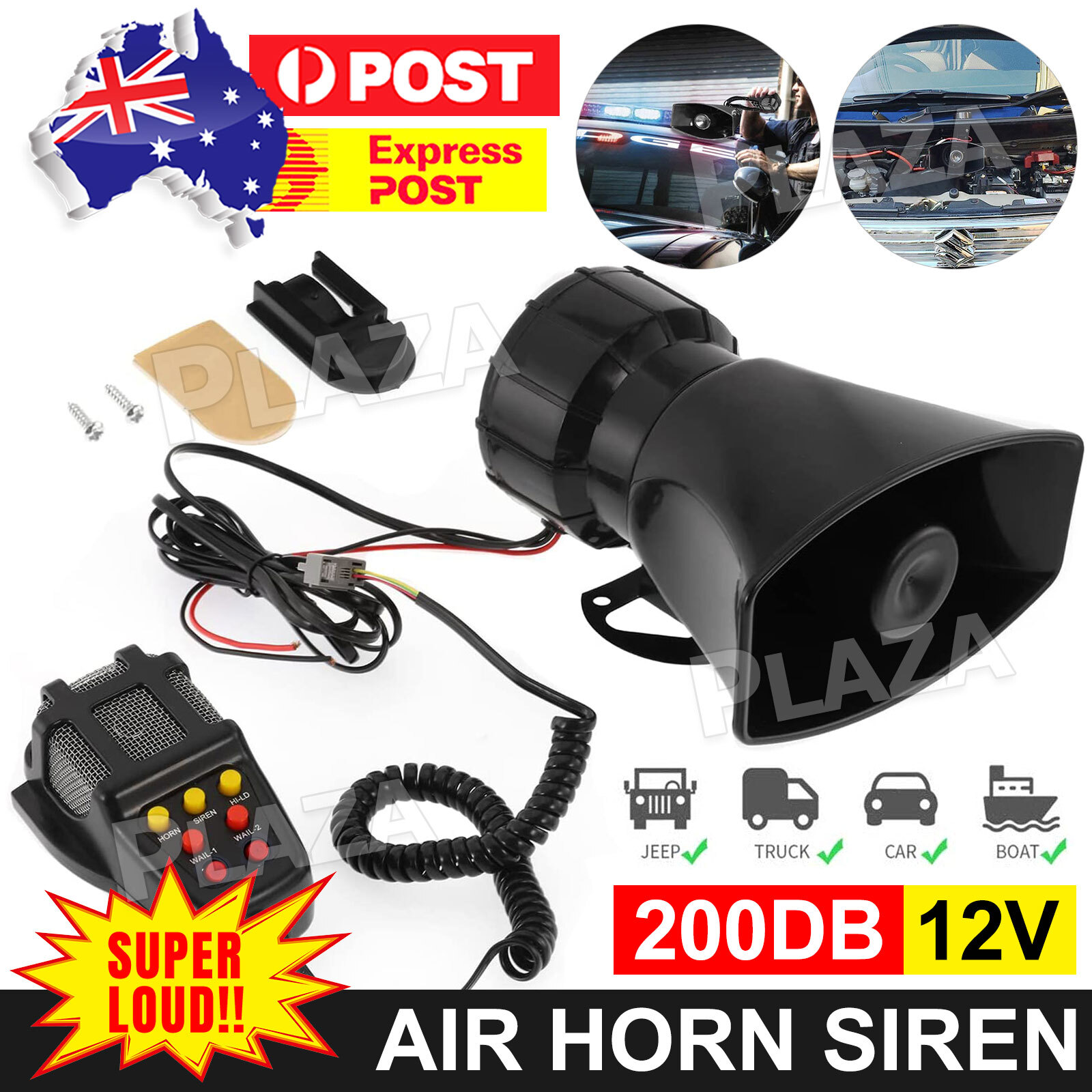 Air Horn Siren Speaker Megaphone 80W 12V PA MIC 7 Sounds Car Truck Van Black